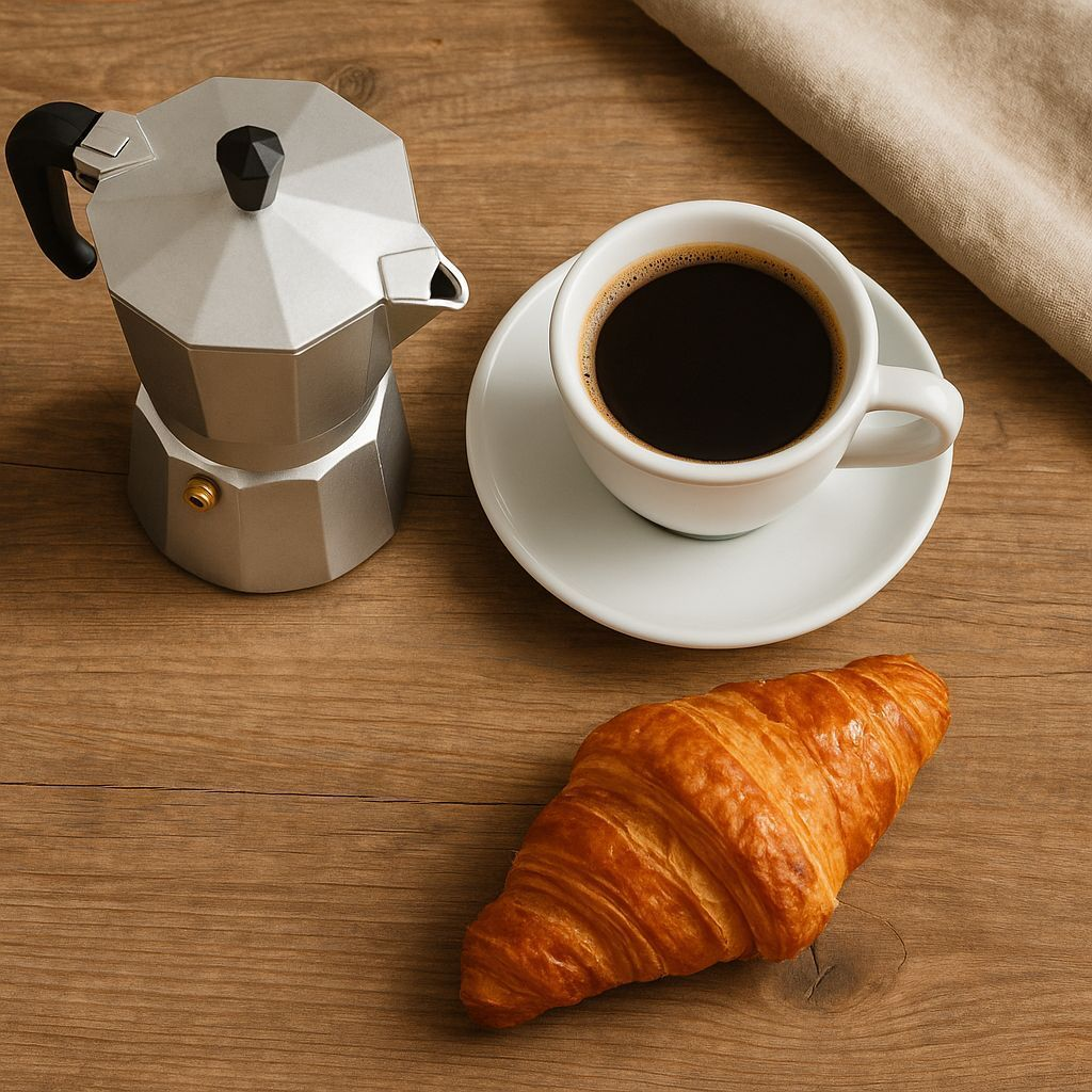 Una moka, una tazza di caffè nero su piattino e un cornetto su legno.