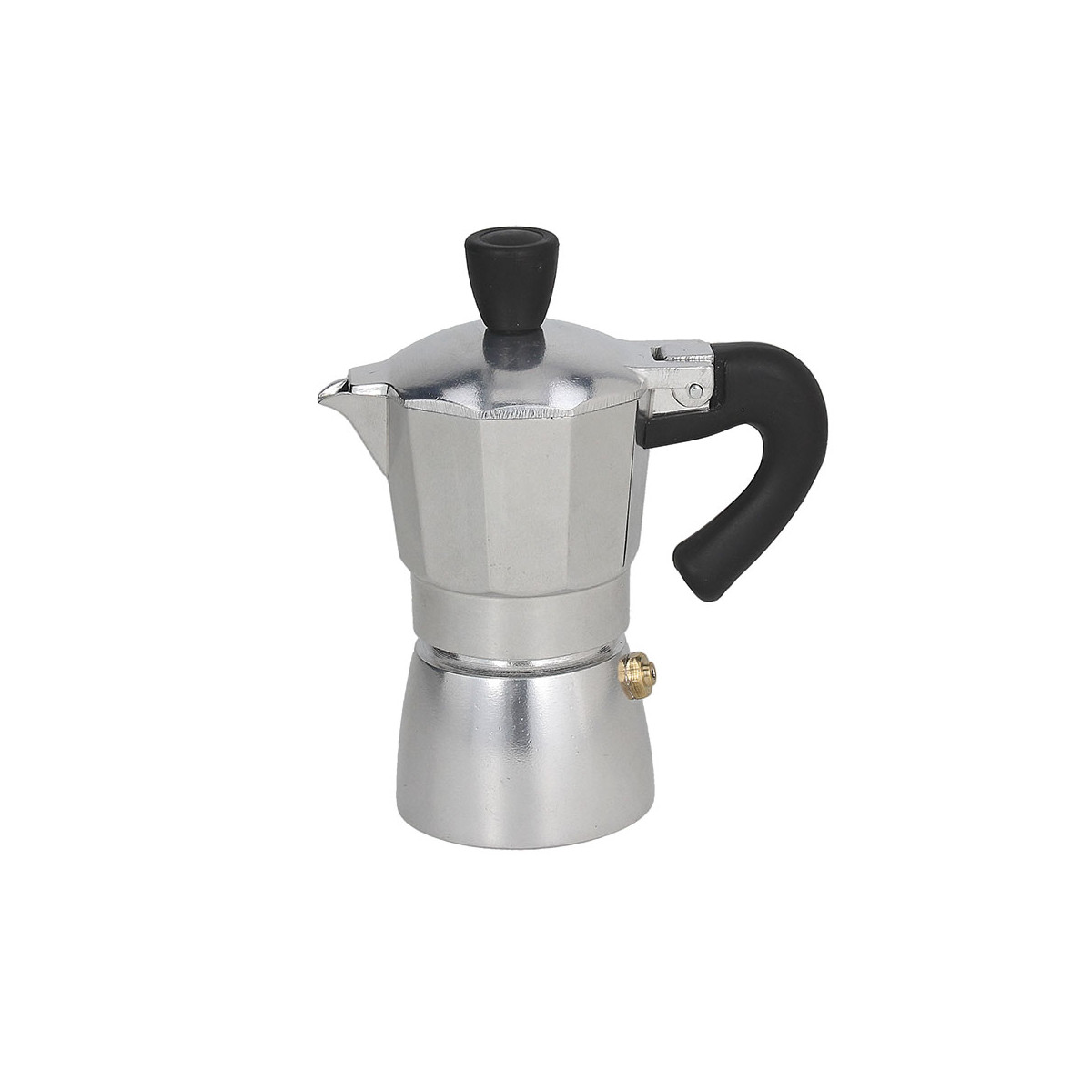 Una moka argentata con manico e pomello nero su sfondo bianco.