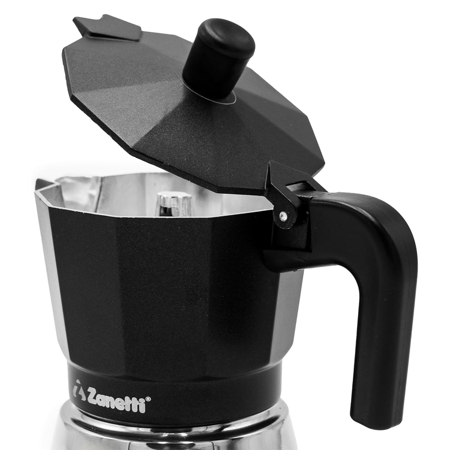 Caffettiera moka Zanetti nera con coperchio aperto su sfondo bianco.