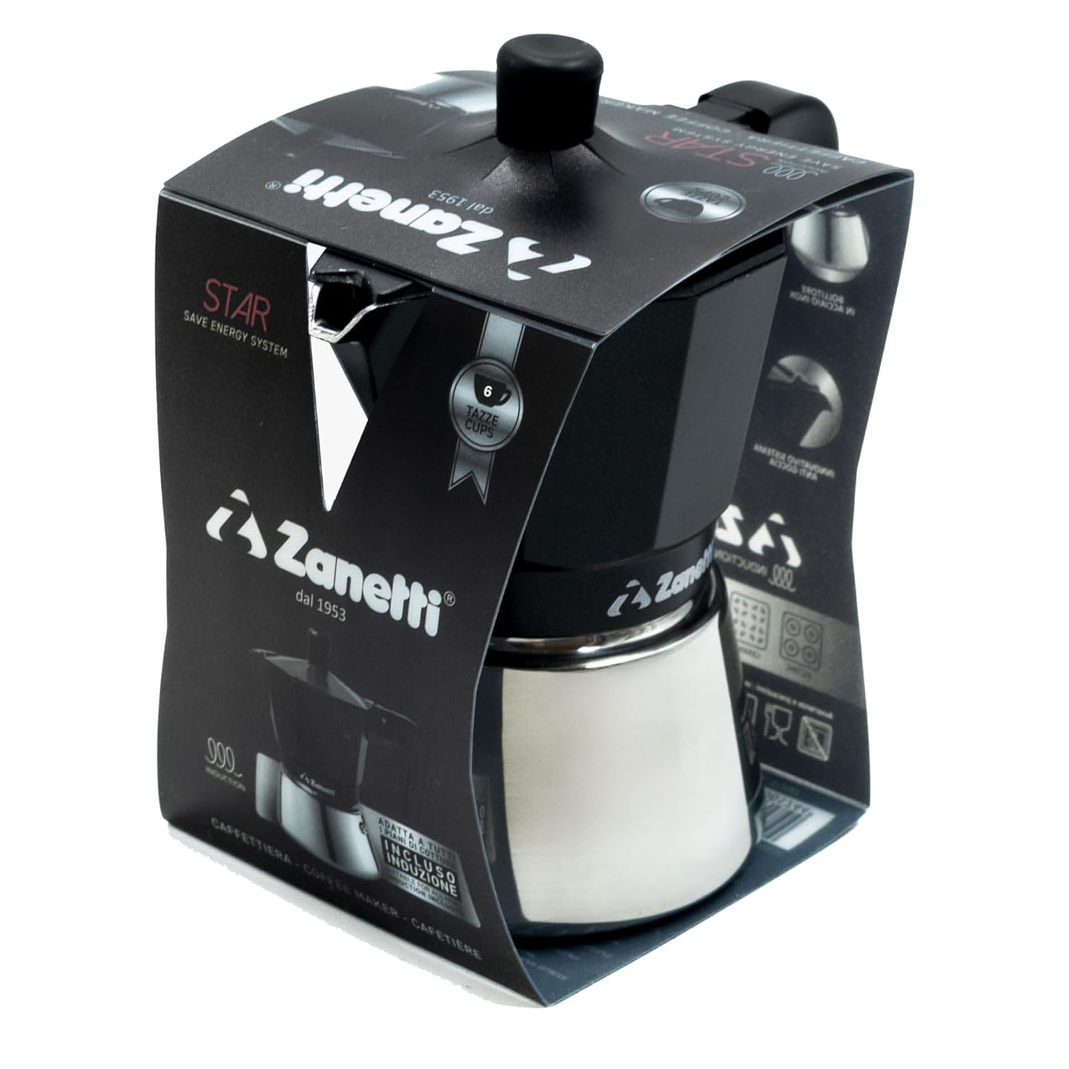 Una caffettiera moka Zanetti dal design nero e argento, mostrata all'interno della confezione originale.