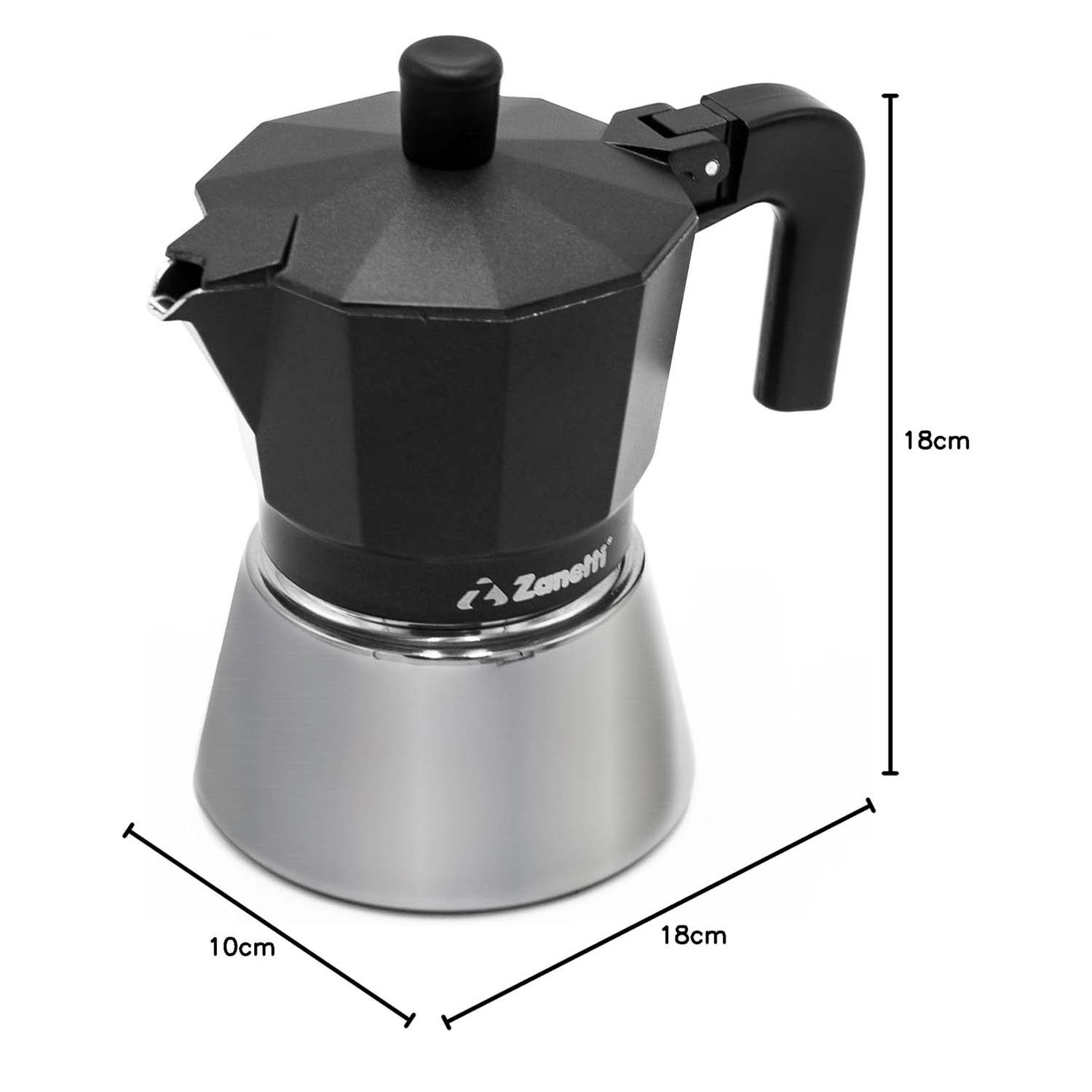 Caffettiera moka Zanetti nera e argento con dimensioni di 18x10x18 cm su sfondo bianco.