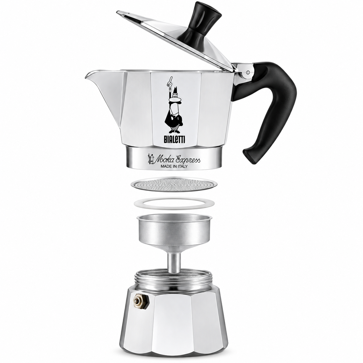 Vista esplosa di una caffettiera Bialetti Moka Express argentata su sfondo bianco.