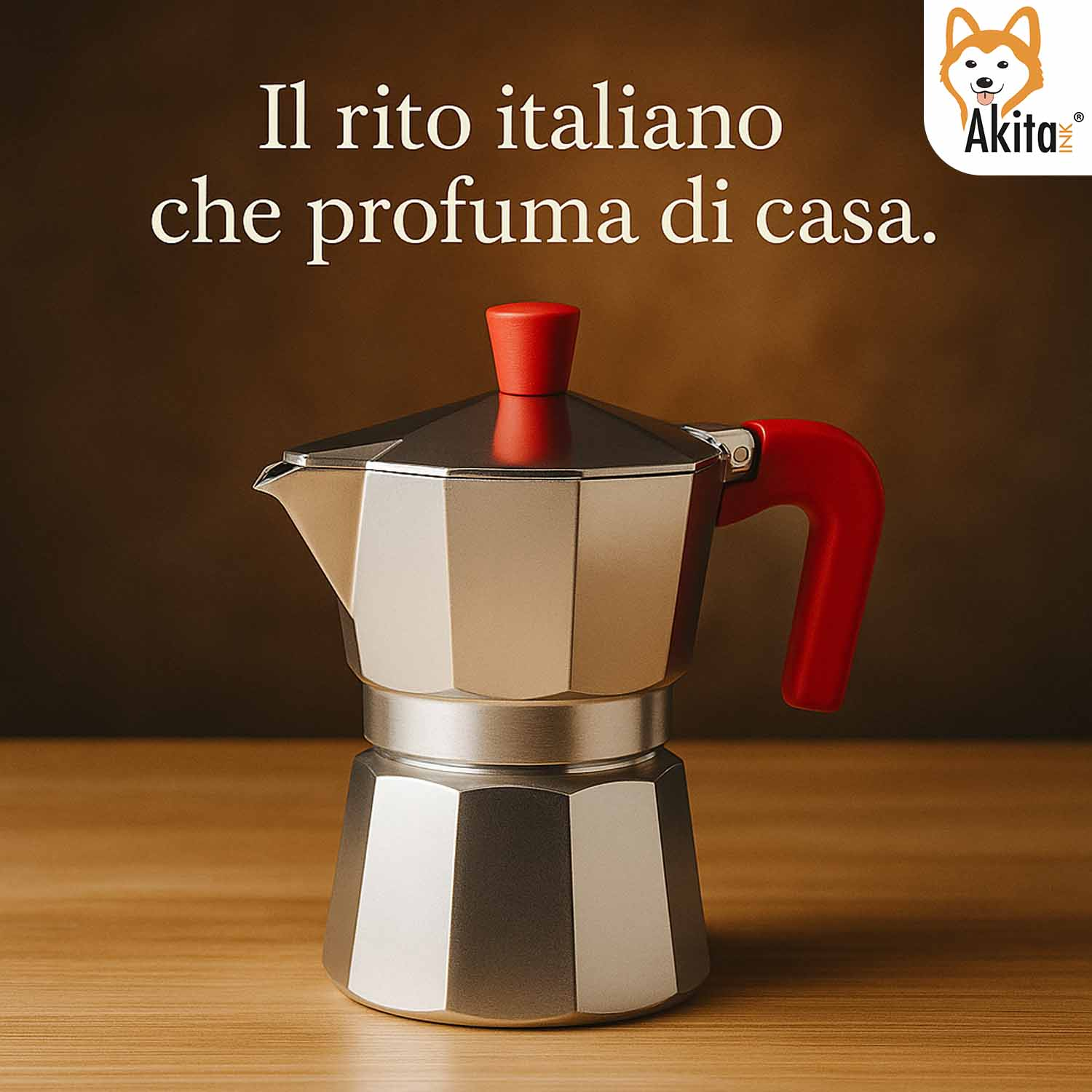 Una moka argentata con manico e pomello rossi su una superficie di legno con sfondo scuro.