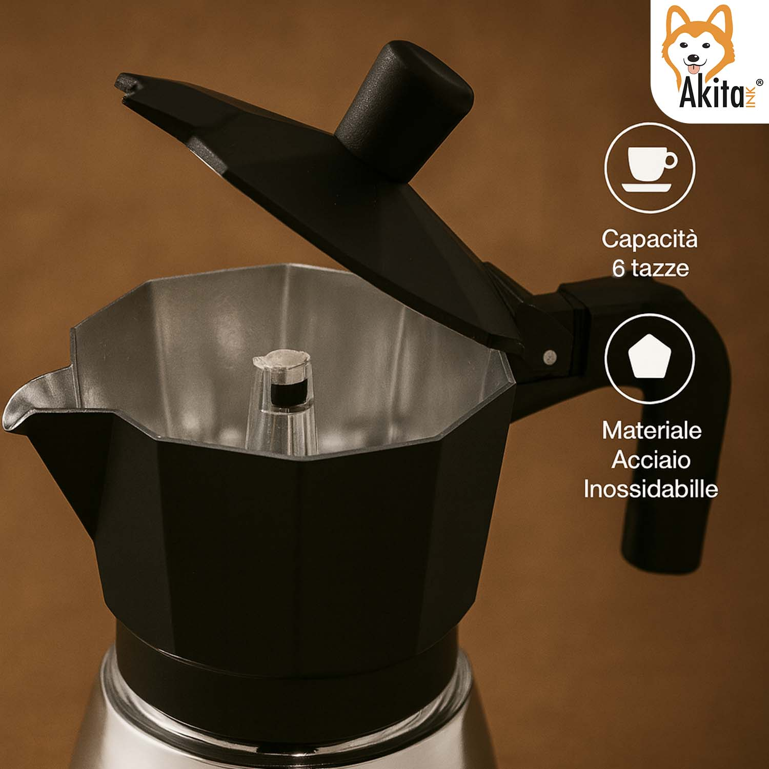 Caffettiera moka nera con coperchio aperto, base argentata e infografiche su sfondo marrone.
