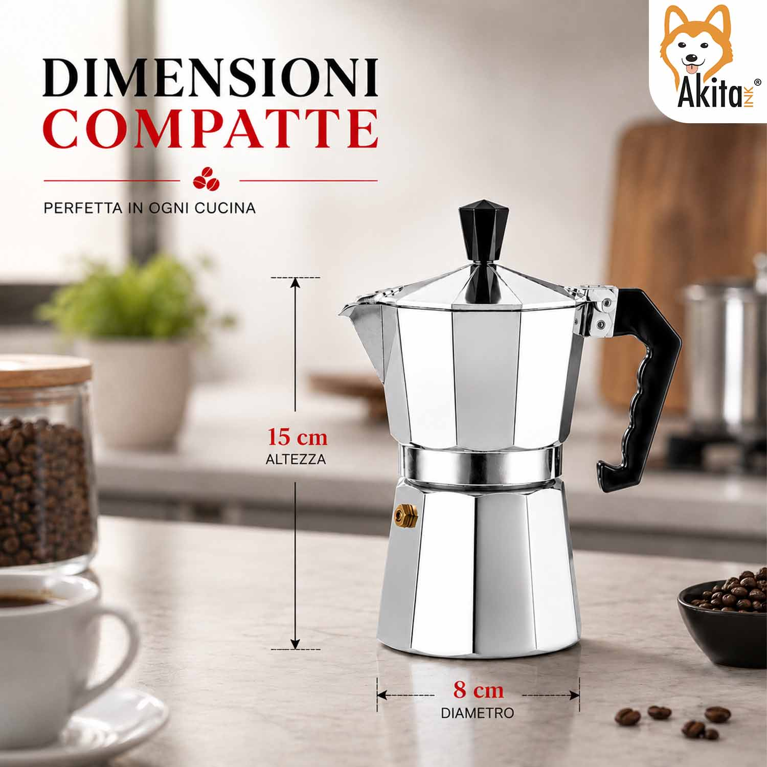 Caffettiera moka lucida su un piano cucina con etichette di dimensioni.