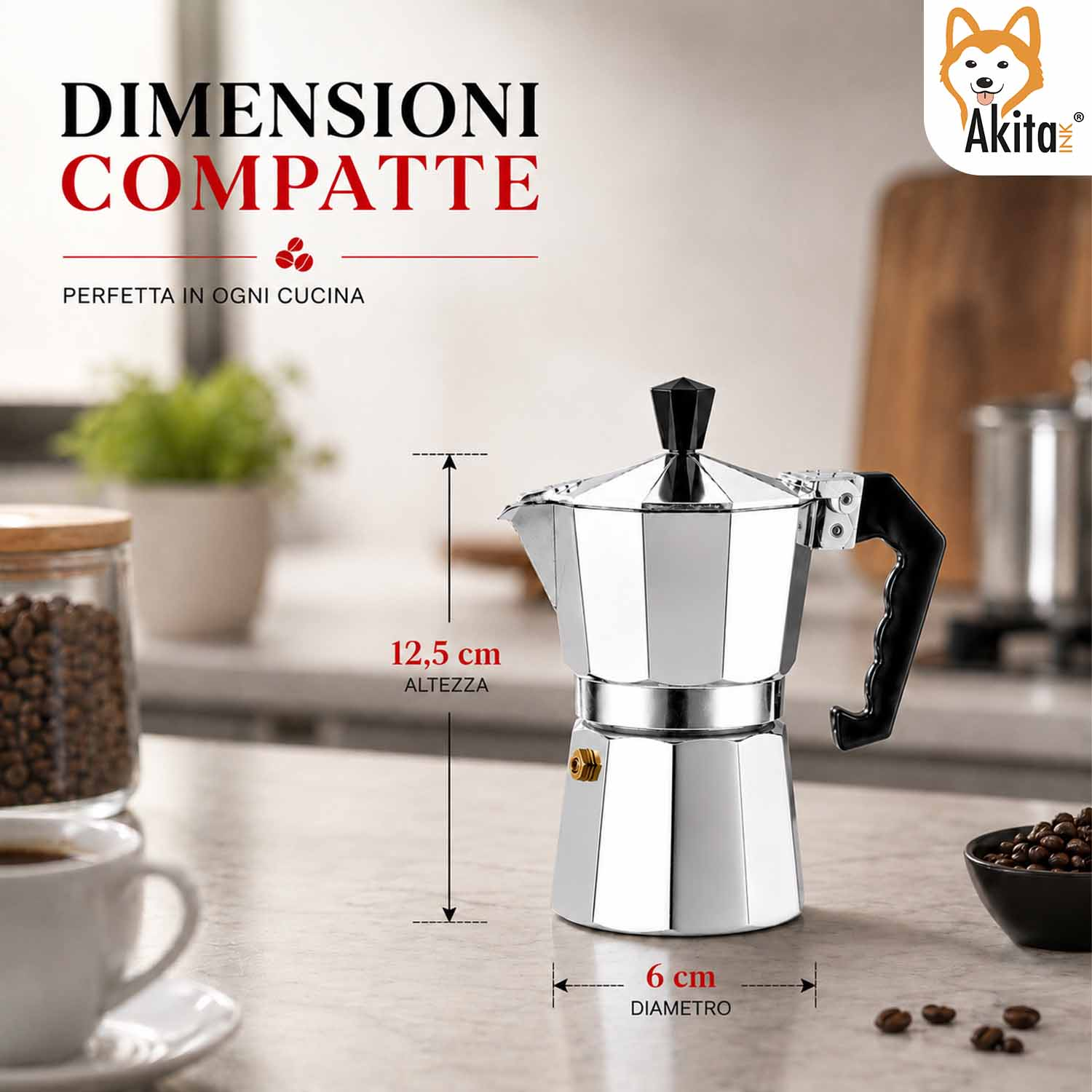Caffettiera moka compatta in acciaio inox con dimensioni di 12,5 cm di altezza e 6 cm di diametro su un piano.