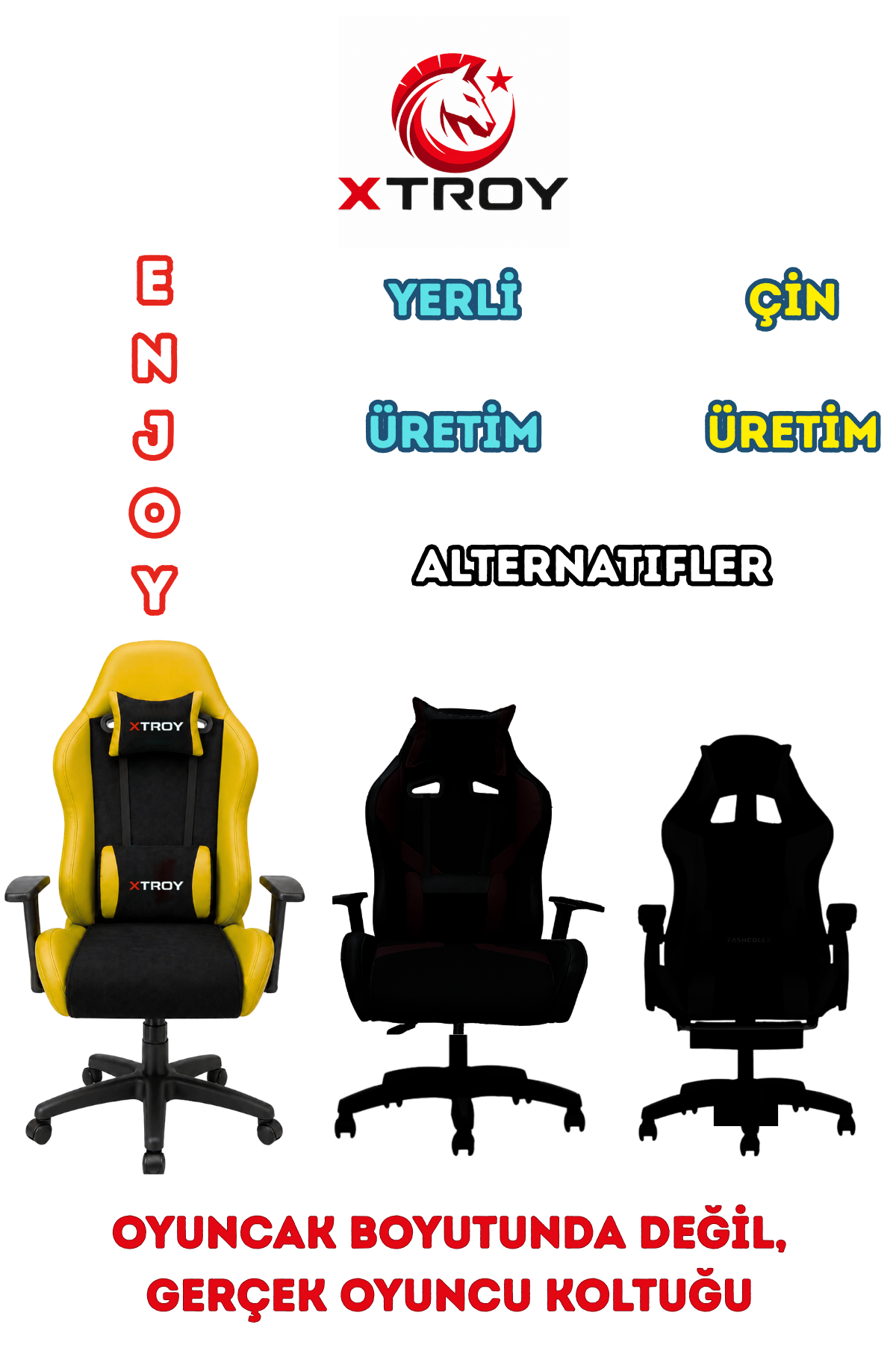 Sarı oyuncu koltuğu ve iki siyah siluet gösteren XTROY oyuncu koltuğu reklamı.