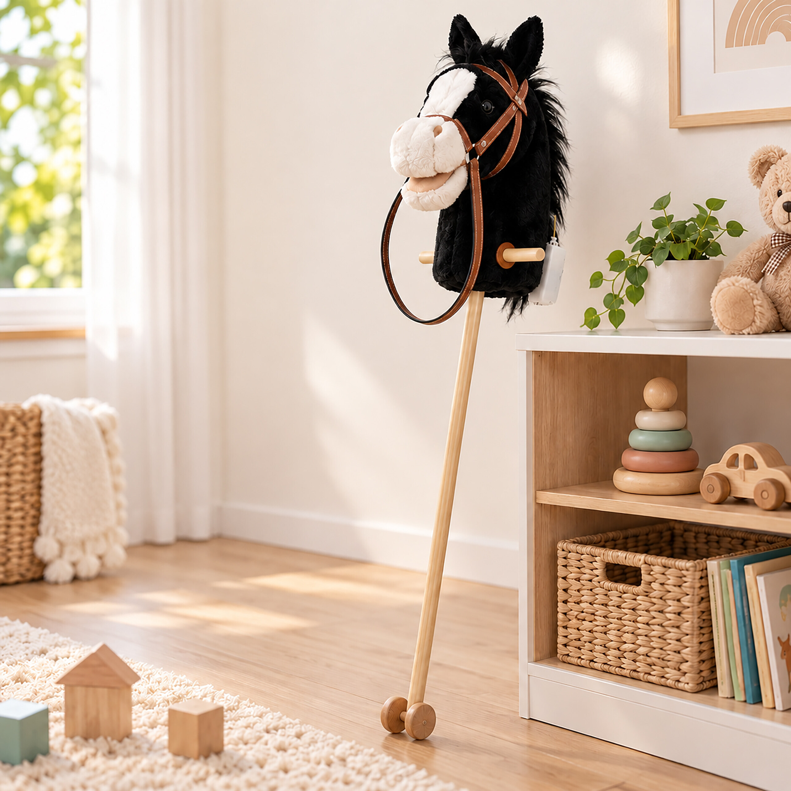Ein schwarz-weißes Steckenpferd mit Holzstab und Rädern steht im hellen Kinderzimmer.