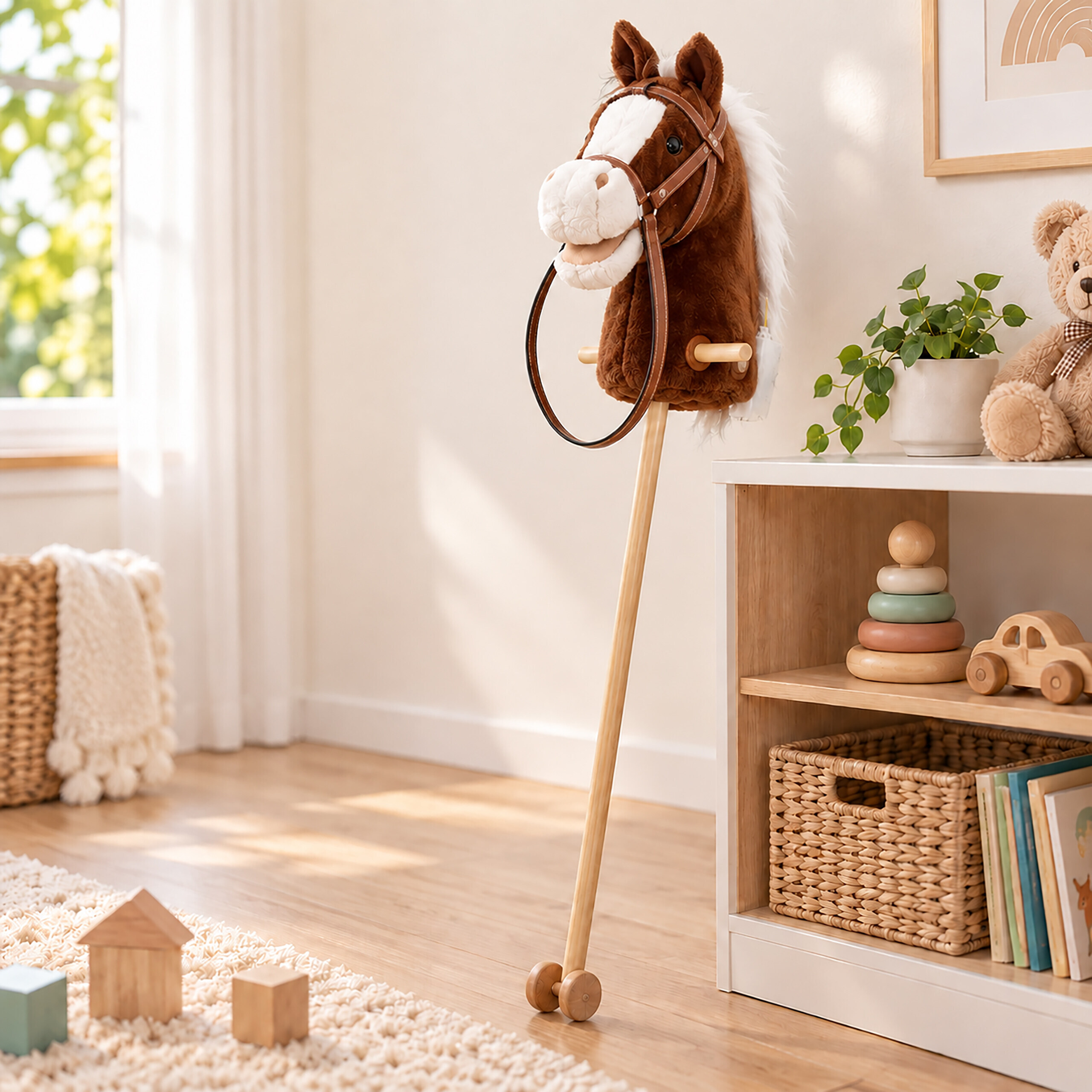 Ein Plüsch-Steckenpferd auf einem Holzstab mit Rädern steht in einem hellen Kinderzimmer mit Spielzeug.