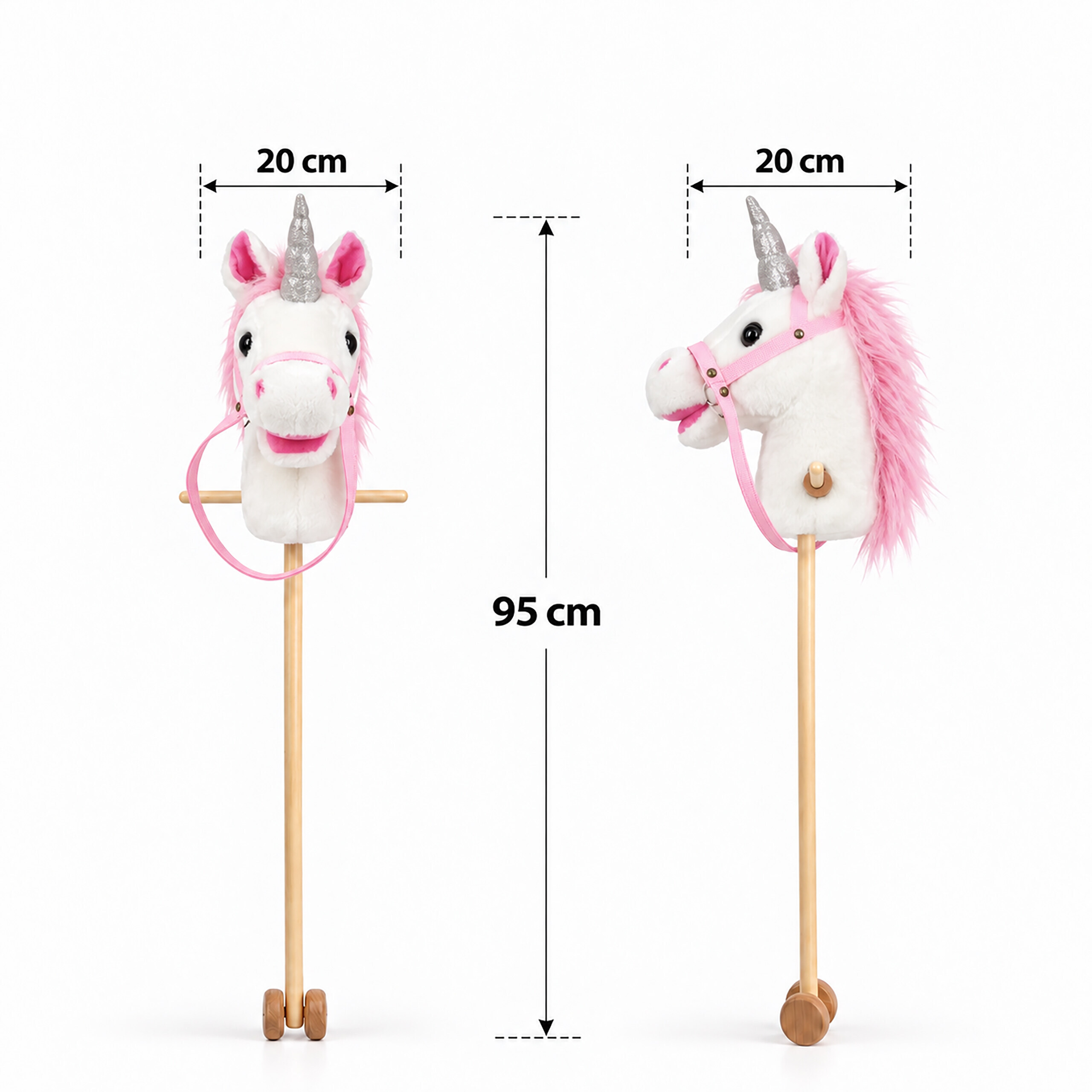 Stoffeinhorn am Stiel mit Rädern und rosa Mähne, Maße: 20cm Breite, 95cm Höhe.