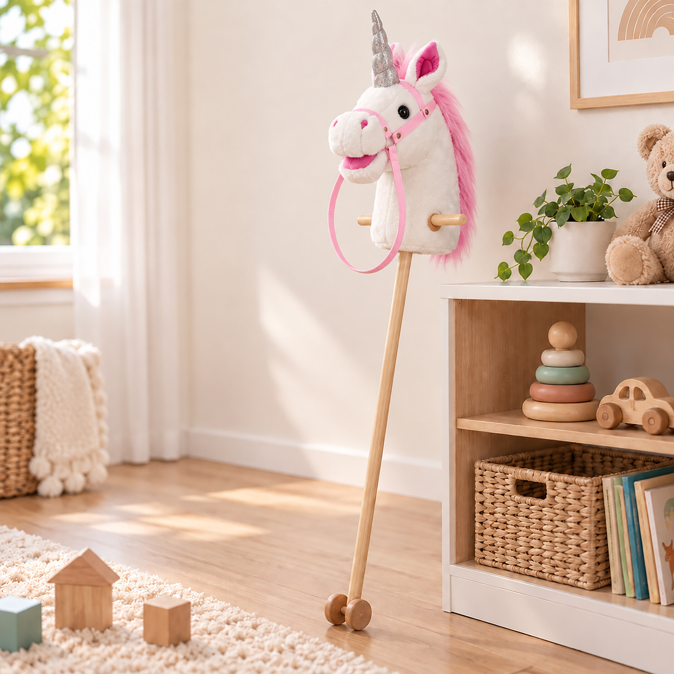 Ein Einhorn-Steckenpferd mit rosa Mähne und silbernem Horn steht in einem hellen Kinderzimmer.