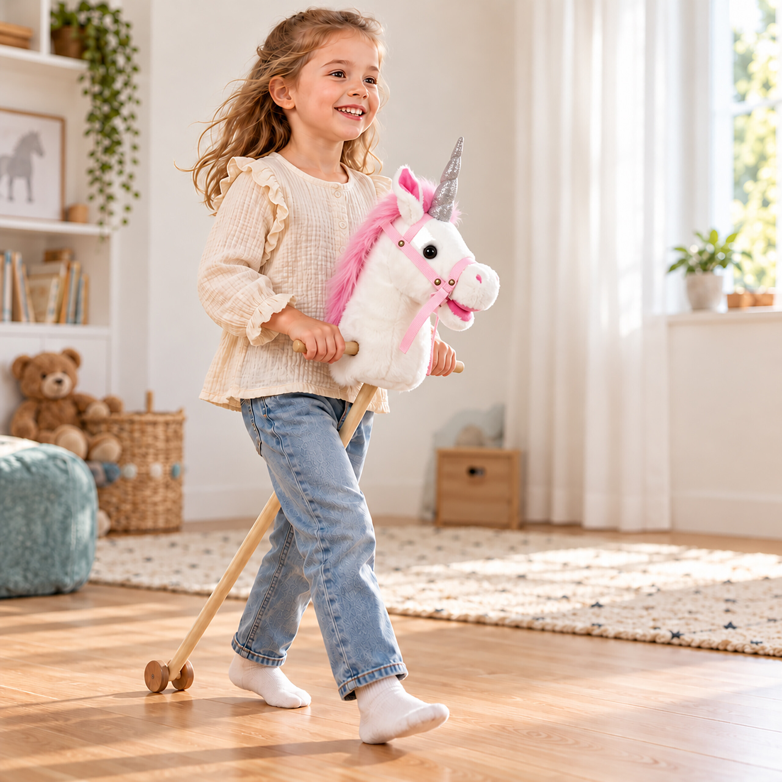 Ein kleines Mädchen reitet glücklich auf einem Einhorn-Steckenpferd in einem hellen Zimmer.
