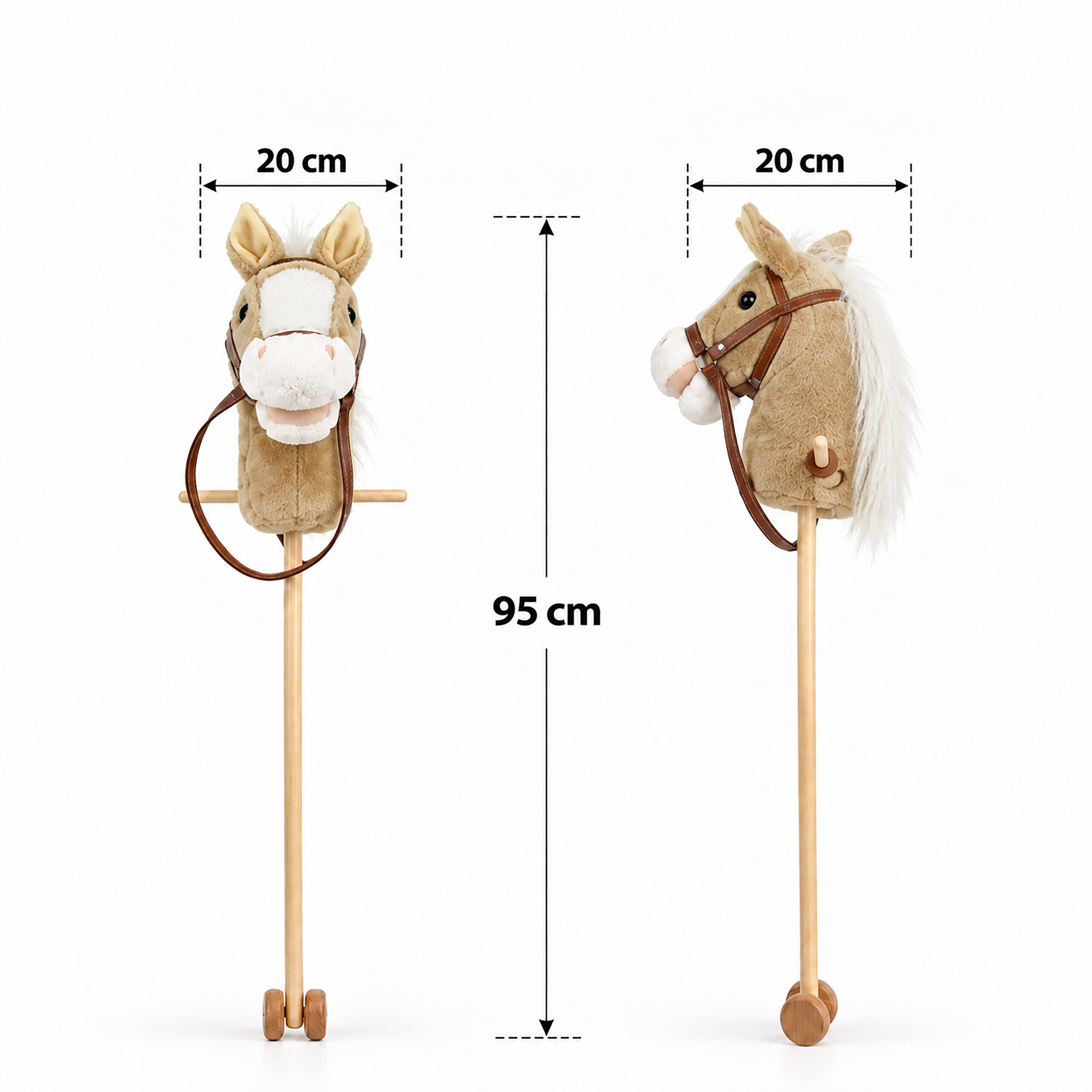 Stoffpferd am Stiel mit Rädern zeigt Abmessungen von 20 cm Breite und 95 cm Gesamthöhe.