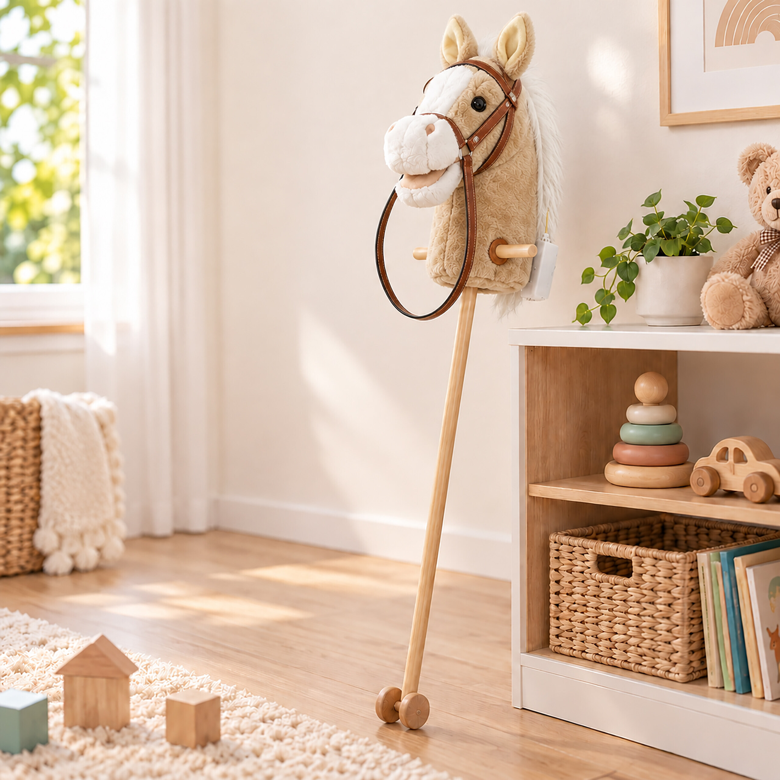 Ein Plüschpferd auf einem Holzsabelfuß in einem hellen Kinderzimmer mit Holzregal und Spielzeug.