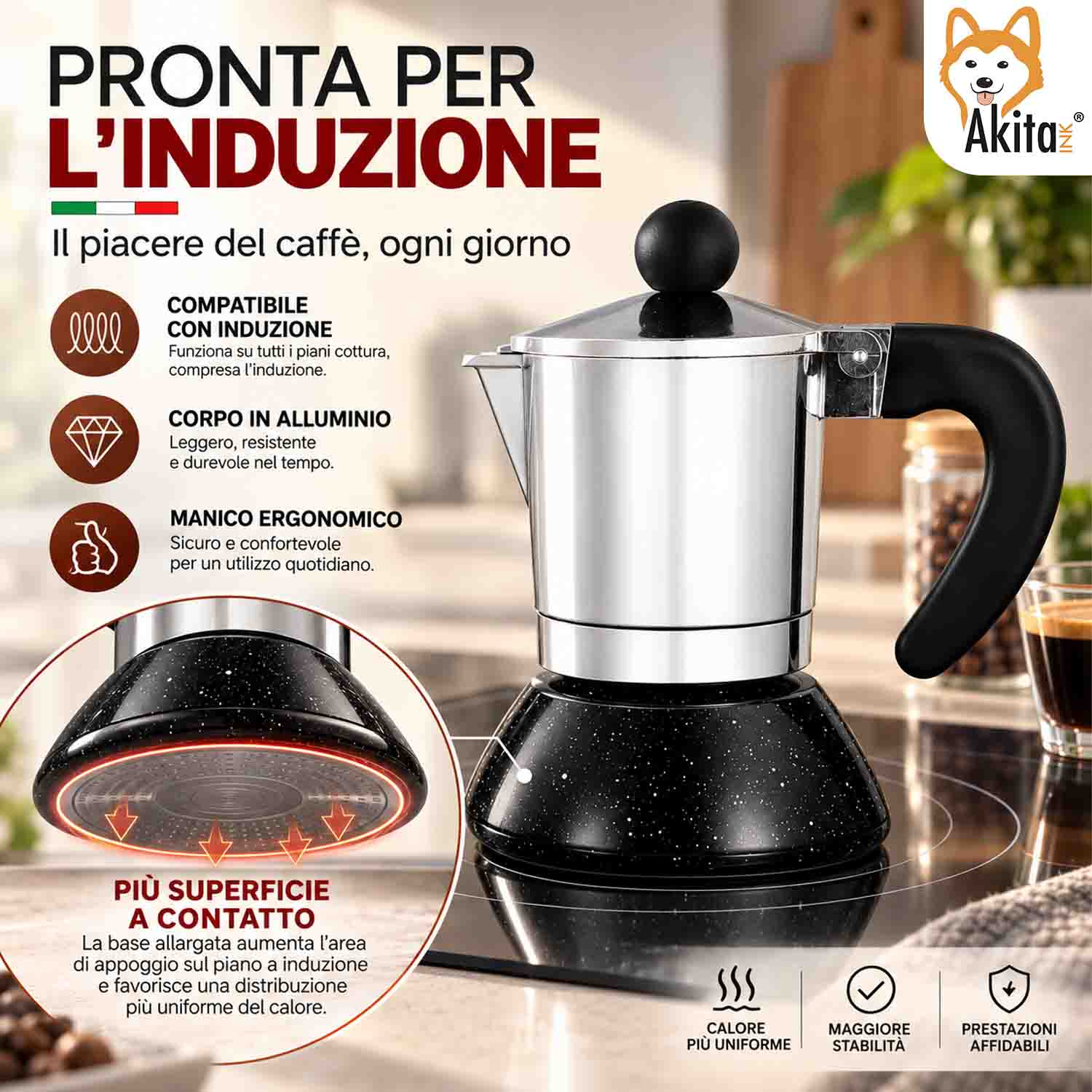 Una moka argento e nera su piano a induzione con testo promozionale e icone.