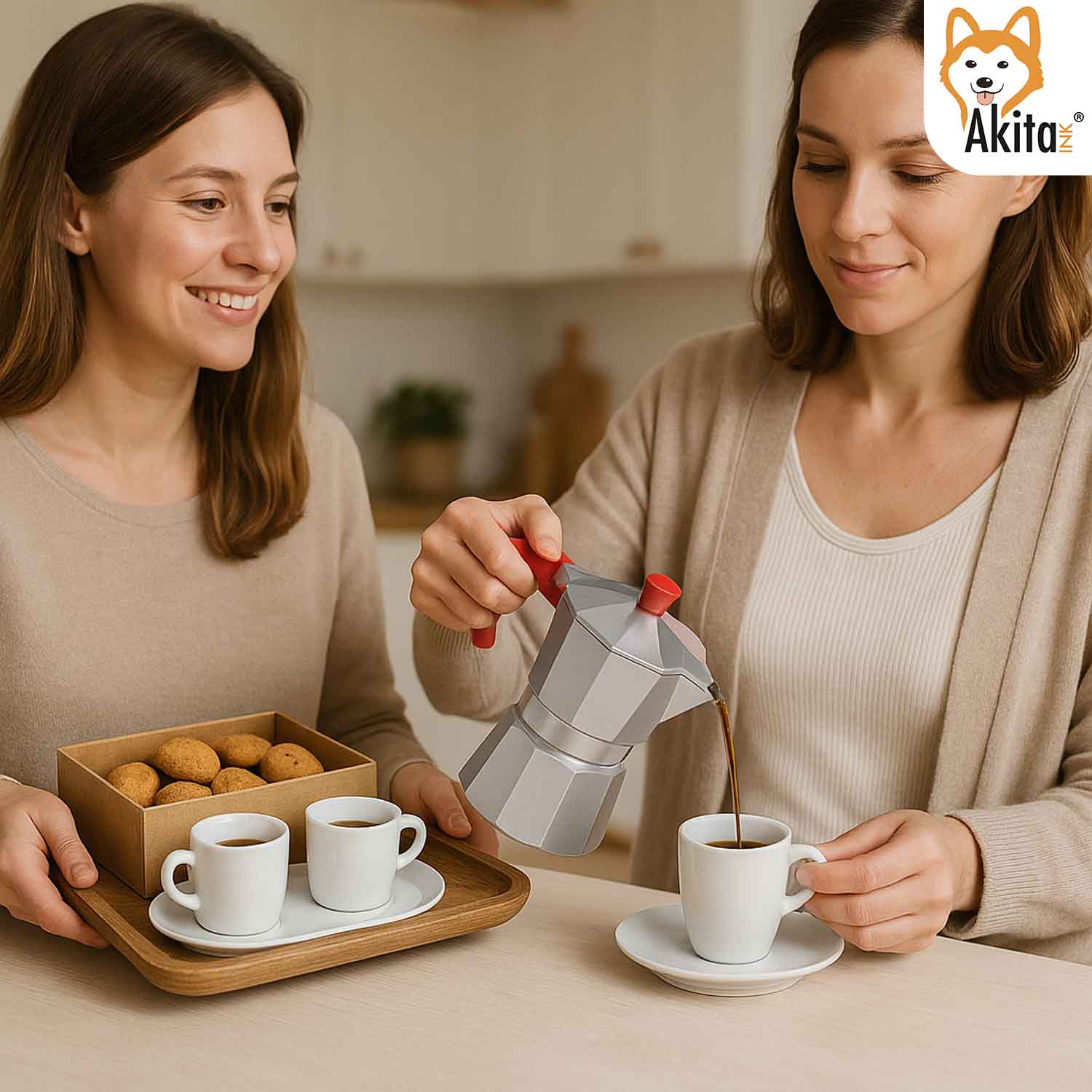 Due donne sorridono in cucina mentre una versa il caffè da una moka in una tazzina.