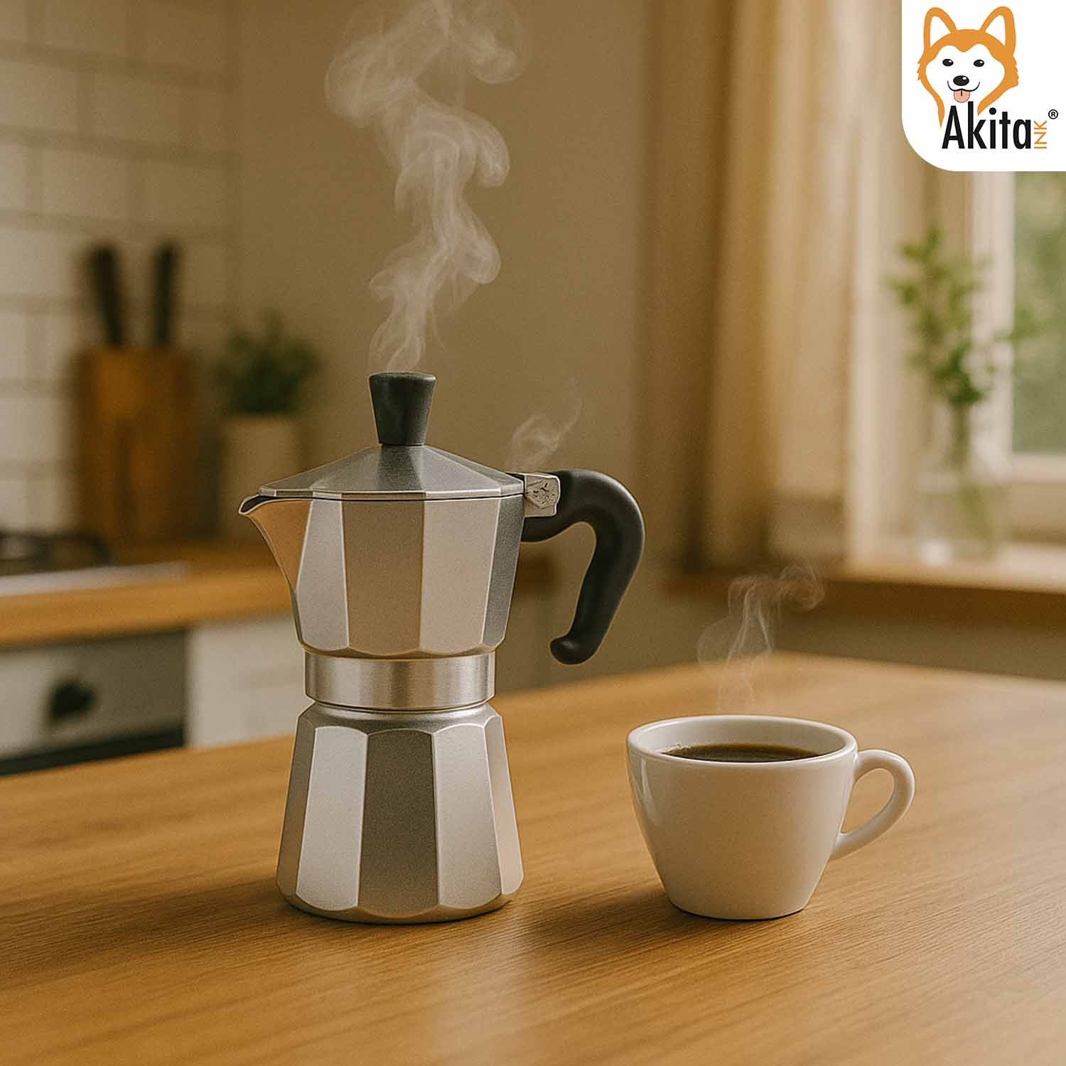 Una moka fumante e una tazza di caffè sono su un tavolo da cucina in legno.