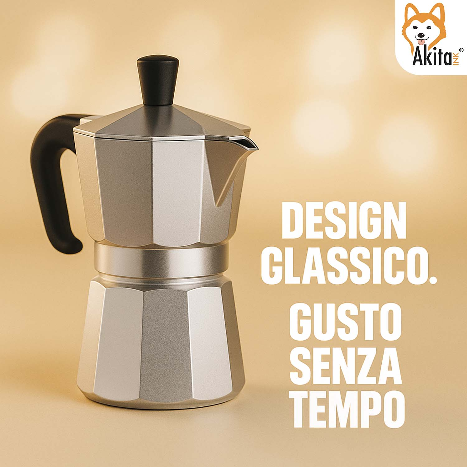 Classica moka argentata con manico nero su sfondo beige con testo.
