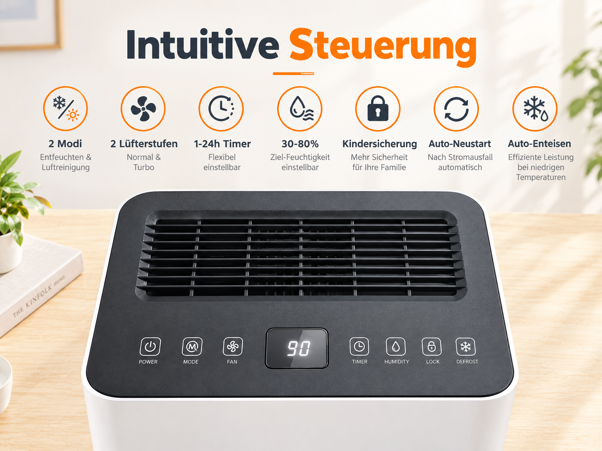 Dehumidifier control panel and features including modes, timer, fan speed, child lock, and auto defrost.