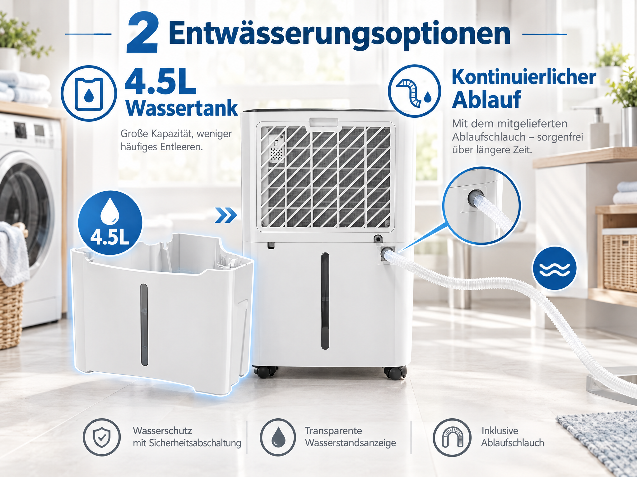 Dehumidifier with 4.5L tank and continuous drainage option via hose.