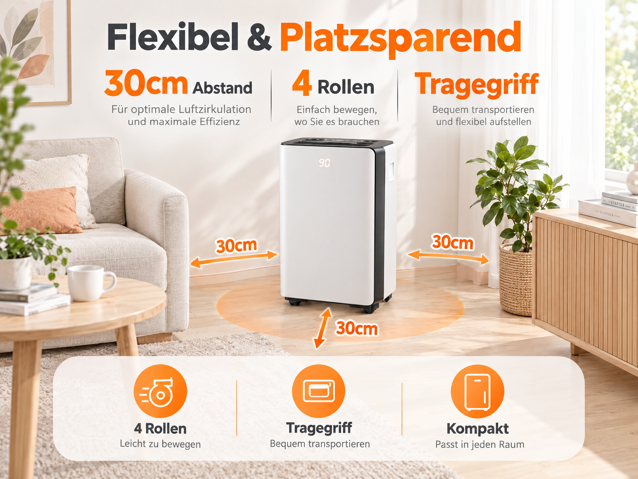 Dehumidifier in a living room with text highlights for 30cm clearance, 4 wheels, and a carry handle.