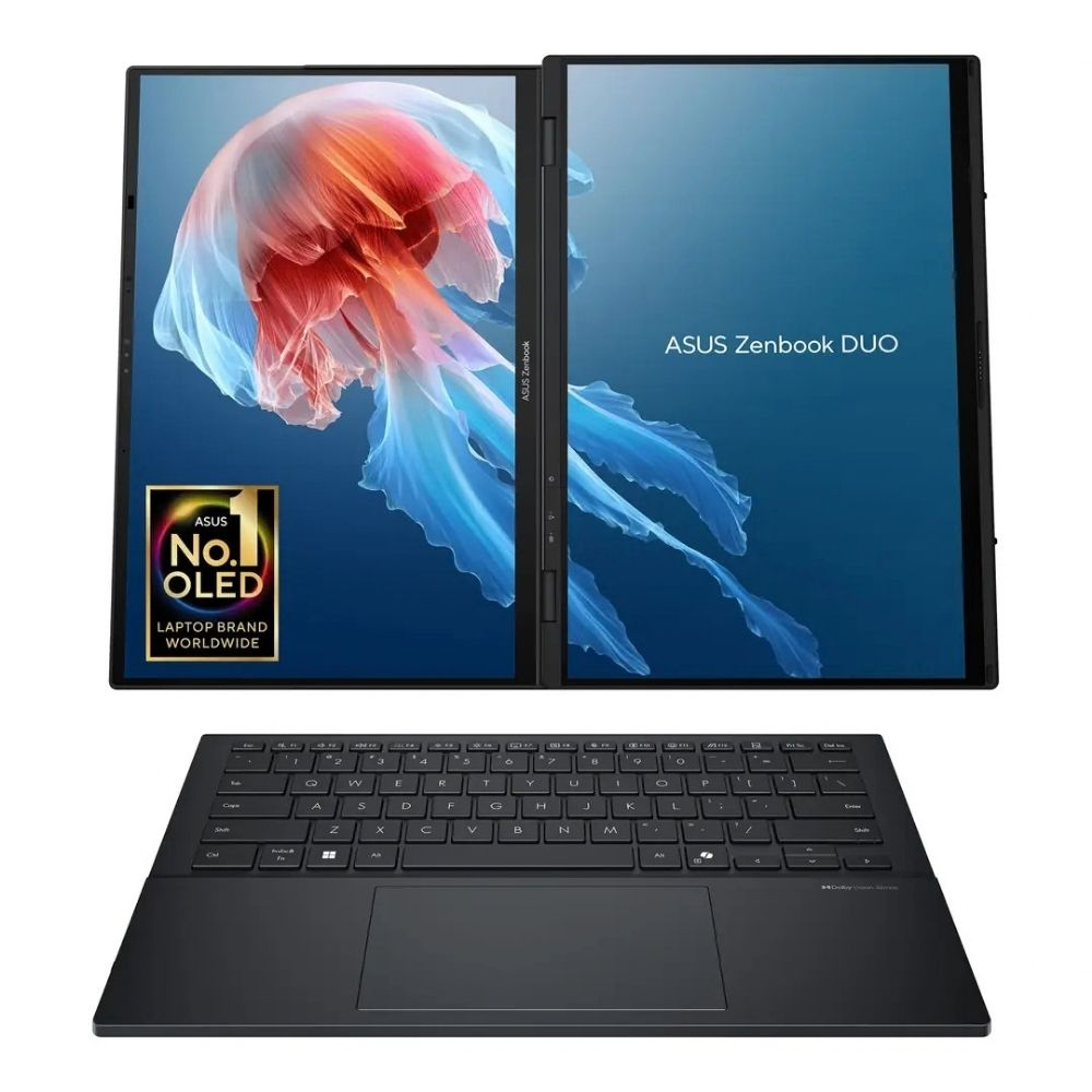 Deniz anası duvar kağıtlı, ayrı klavyeli ve izleme dörtgenli ASUS Zenbook Duo çift ekranlı dizüstü bilgisayar.