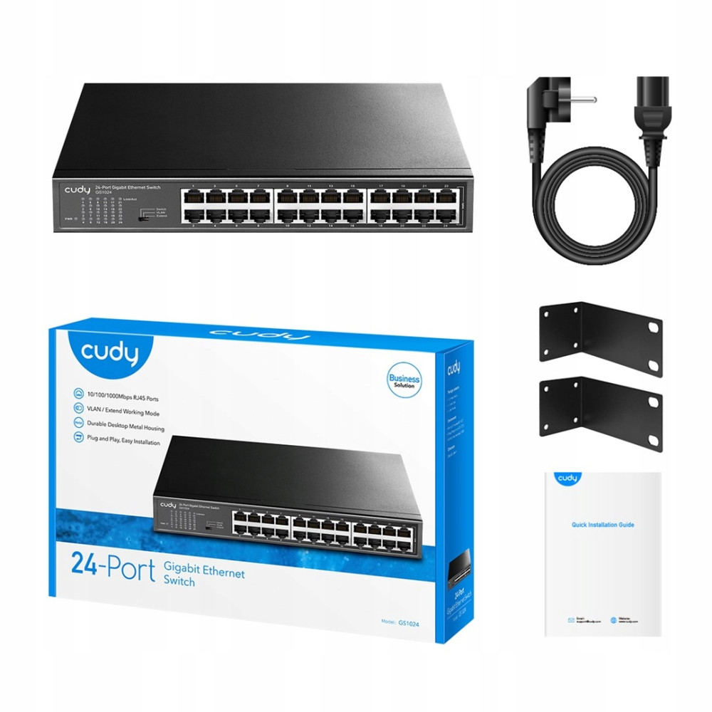 A Cudy 24-port Gigabit Ethernet switch with its box, power cable, mounting brackets, and manual.