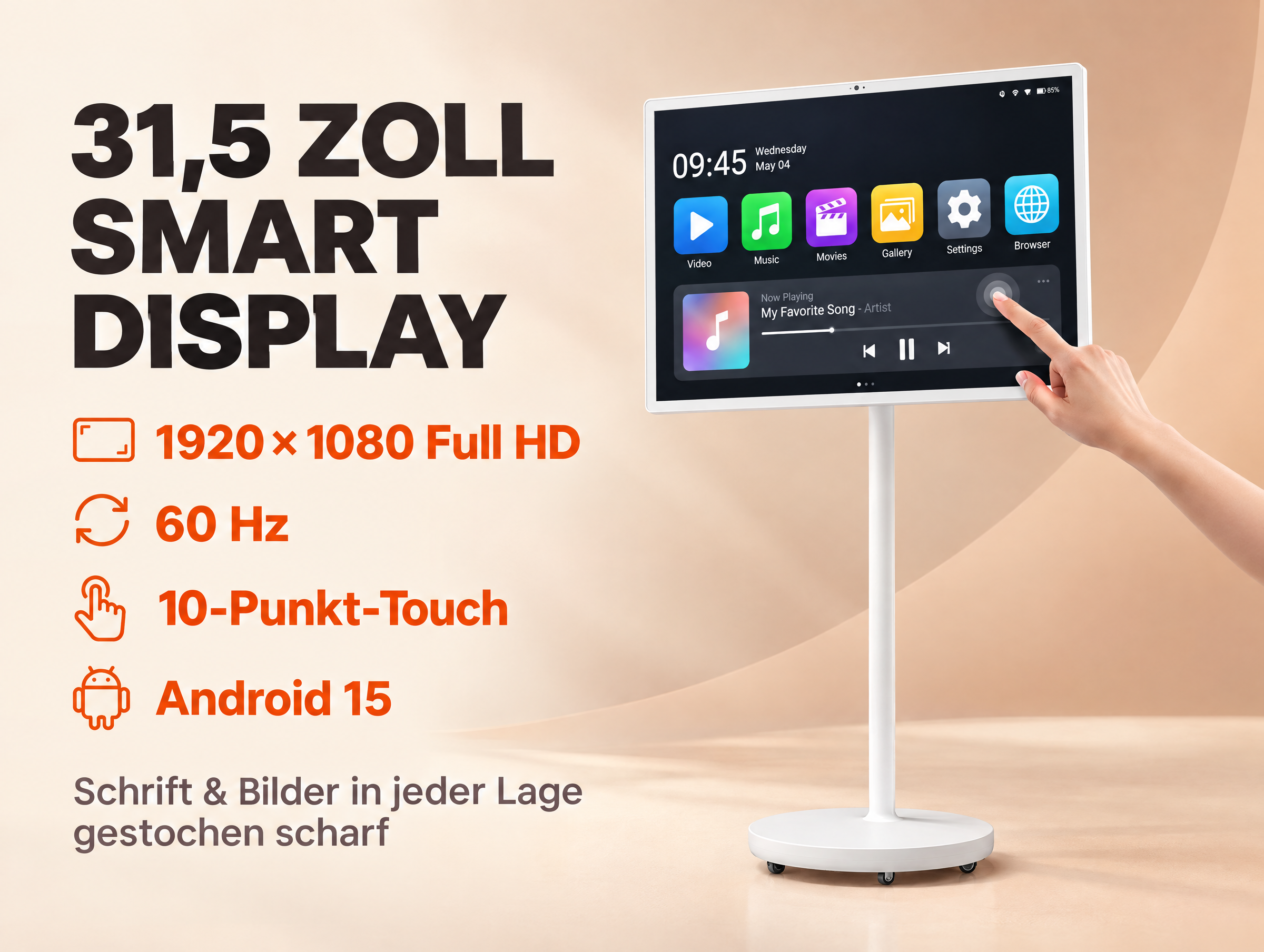 Ein 31,5-Zoll Smart Display auf einem weißen Standfuß mit Touchscreen-Bedienung und technischen Spezifikationen.