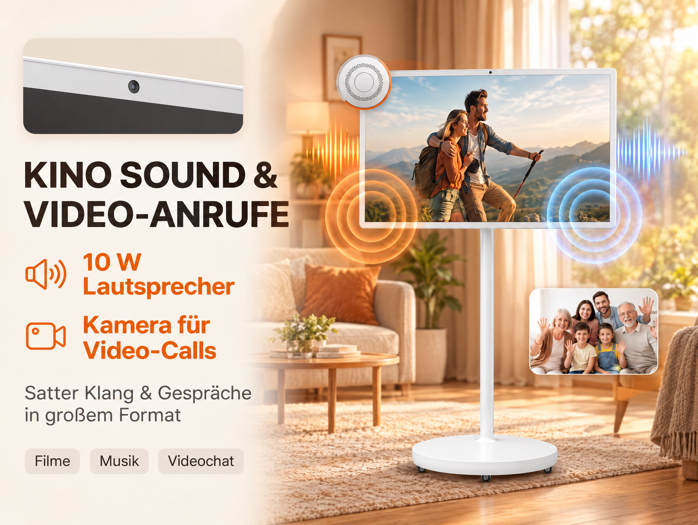 Mobiler Bildschirm mit Lautsprechern und Kamera zeigt ein Paar und einen Videoanruf mit einer Familie.