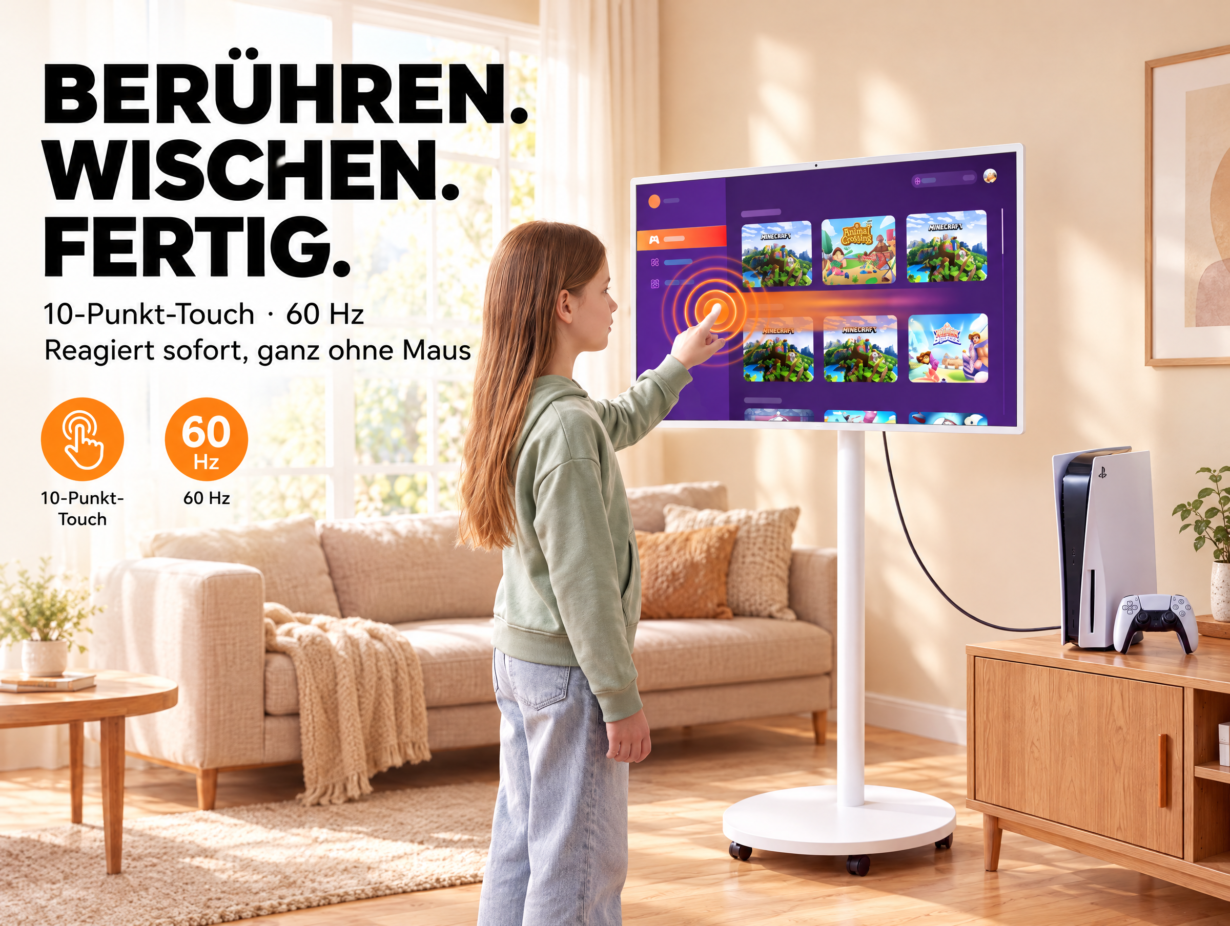 Ein Mädchen berührt den Bildschirm eines rollbaren Touch-TVs in einem Wohnzimmer.
