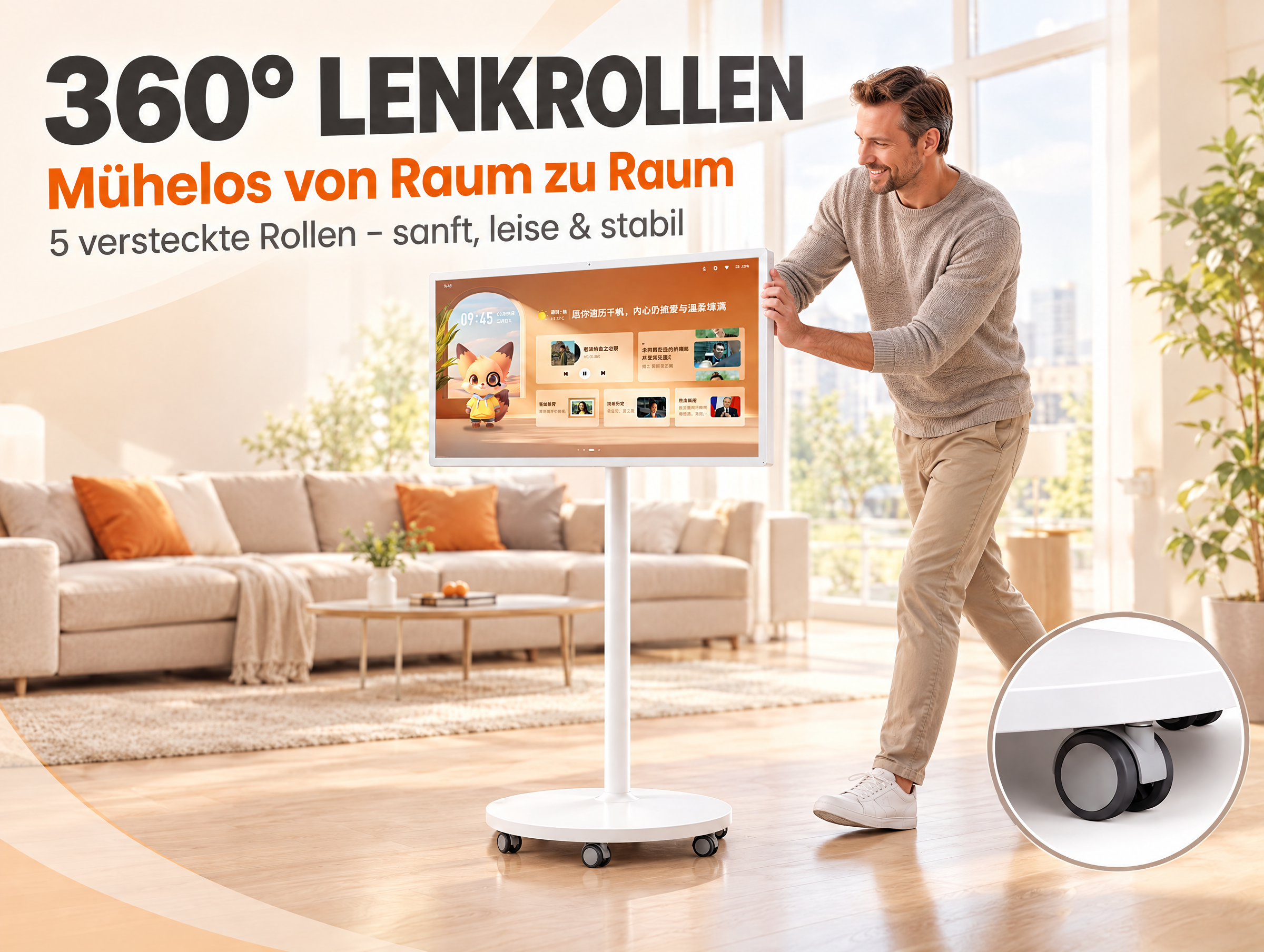 Mann schiebt einen mobilen Touchscreen-Ständer mit verborgenen Rollen in einem modernen Wohnzimmer.
