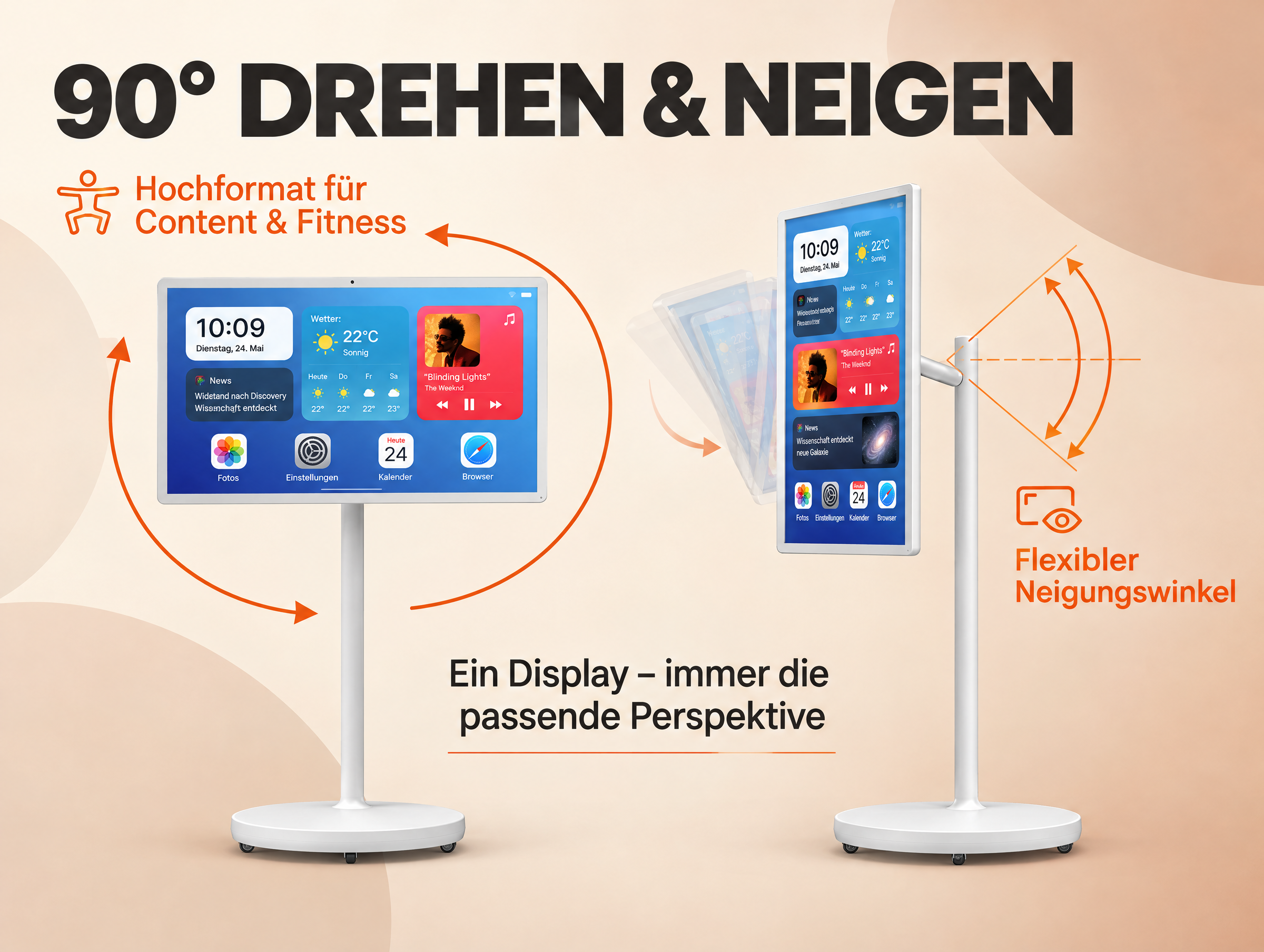 Ein weißer Ständer mit einem rotierenden Display zeigt Funktionen und Neigungswinkel.