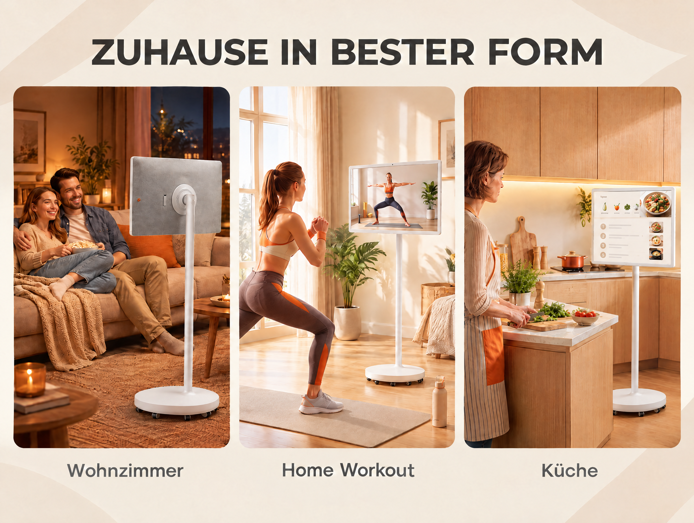 Ein tragbarer Bildschirm in drei Szenen: Wohnzimmer, Home-Workout und Küche mit Rezeptanzeige.