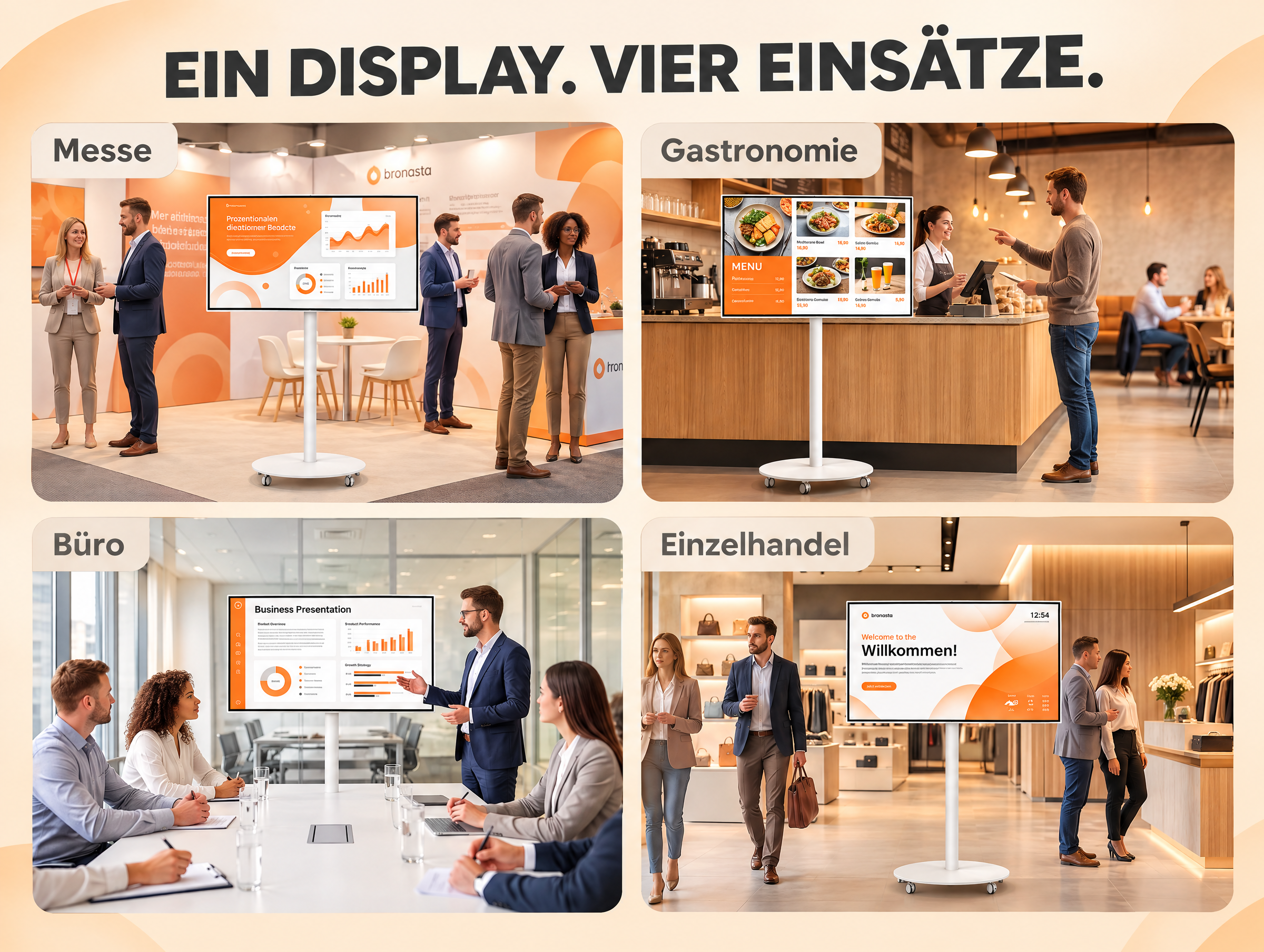Ein mobiler Bildschirm in vier verschiedenen Einsatzbereichen: Messe, Gastronomie, Büro und Einzelhandel.
