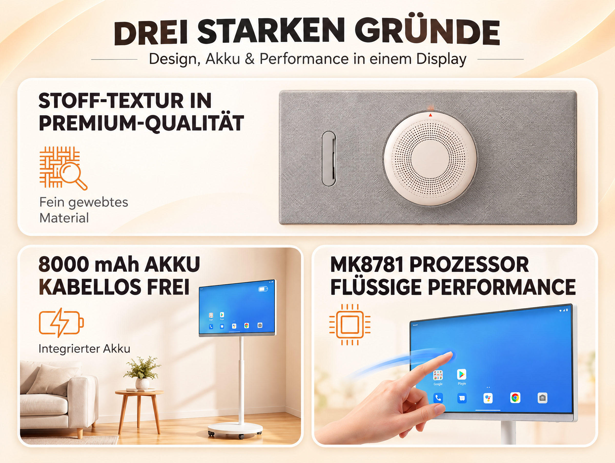 Produktgrafik mit drei Funktionen: Stoff-Textur, integrierter Akku und Prozessorleistung.