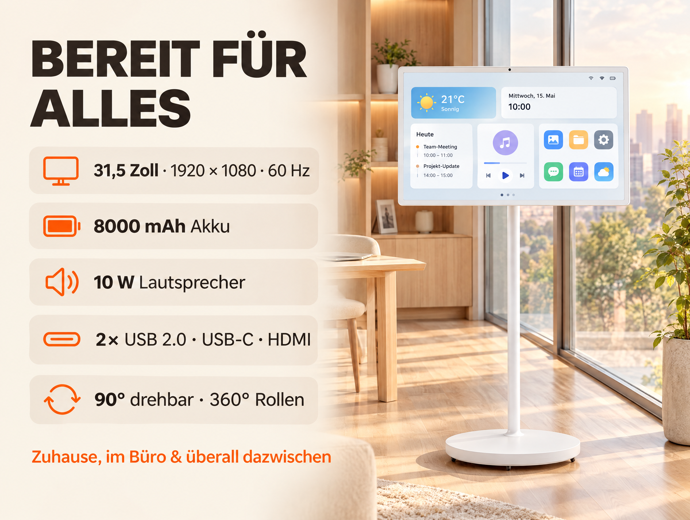 Ein mobiler Bildschirm auf einem Ständer vor einem großen Fenster, mit technischen Spezifikationen links.