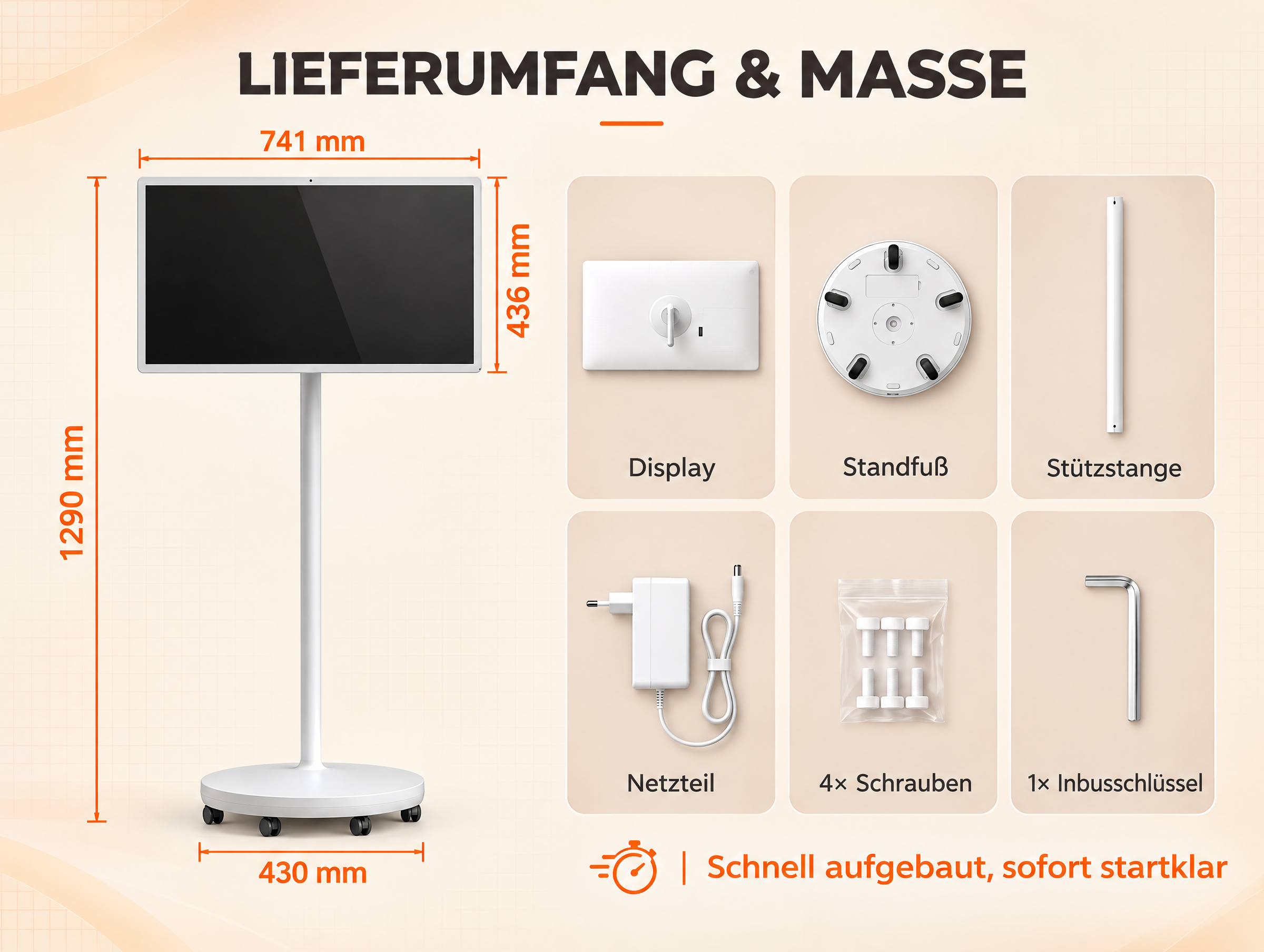 Diagramm zeigt Lieferumfang und Maße eines weißen Rollständers mit Display und Zubehörteilen.