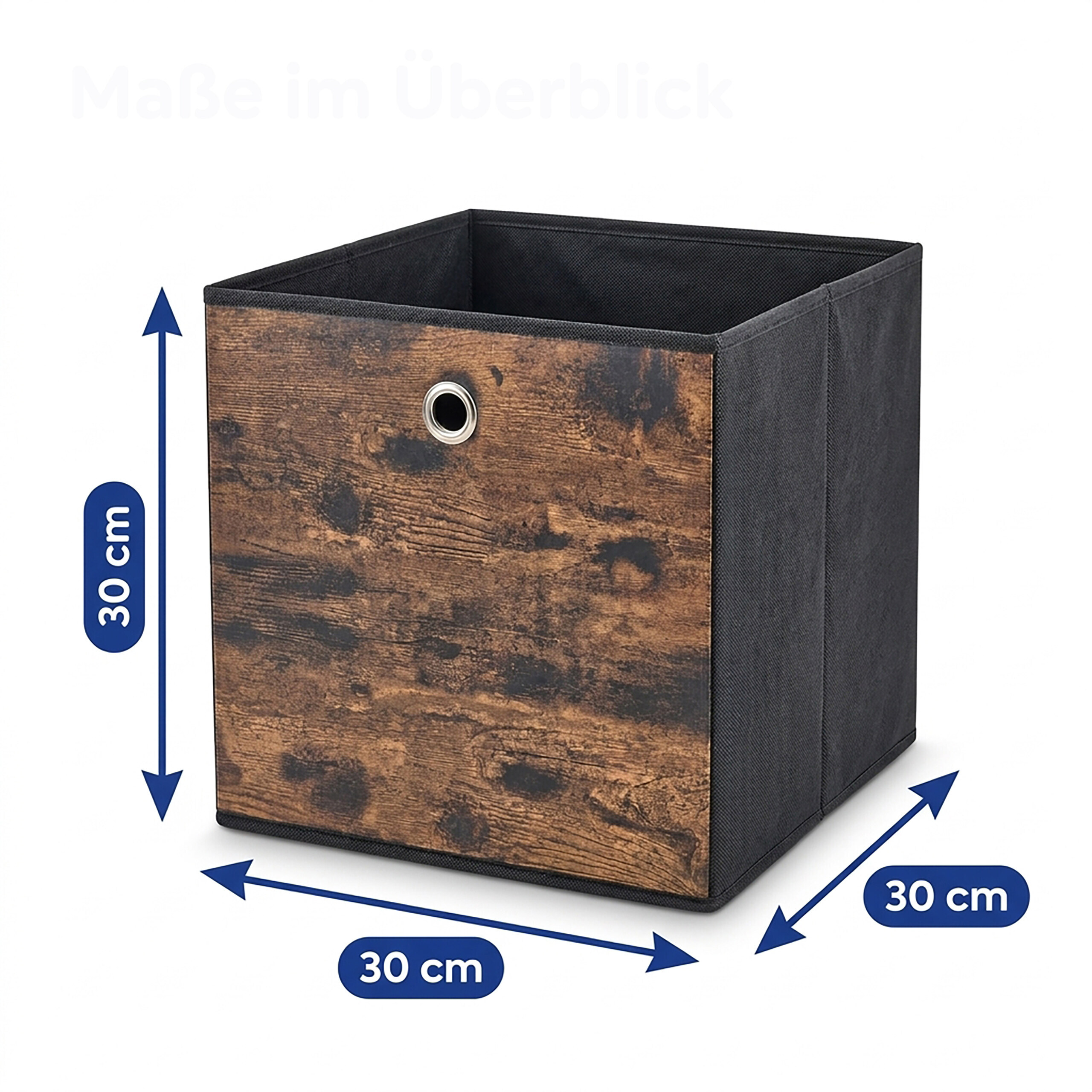 Eine quadratische, faltbare Stoffaufbewahrungsbox mit Holzmuster auf der Vorderseite und Metallöse, Maße 30x30x30 cm.