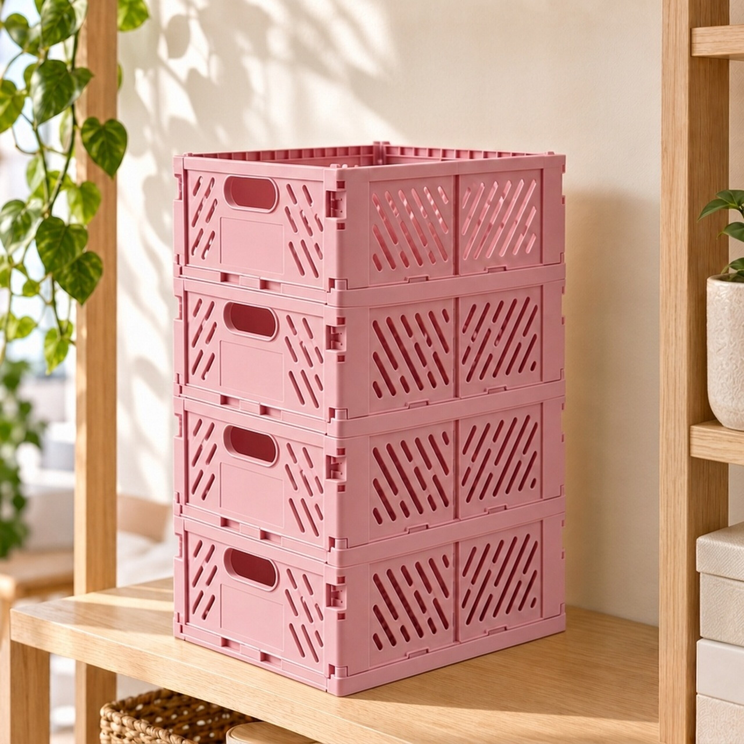 Ein Stapel aus vier rosa Faltkisten aus Plastik auf einem Holzregal, mit grünen Pflanzen im Hintergrund.