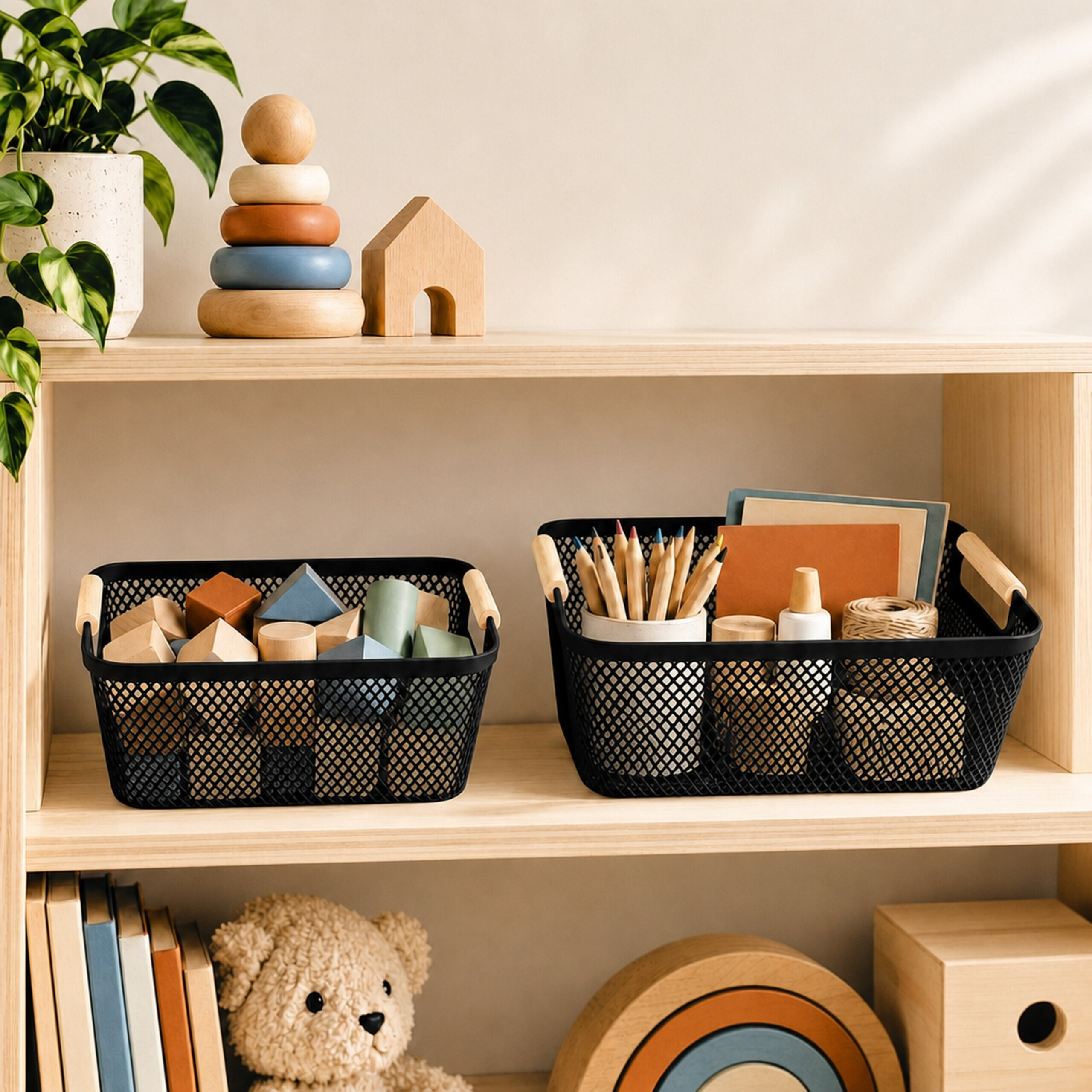 Holzregal mit Bins, Stiften, Holzspielzeug und einem Kuscheltier.