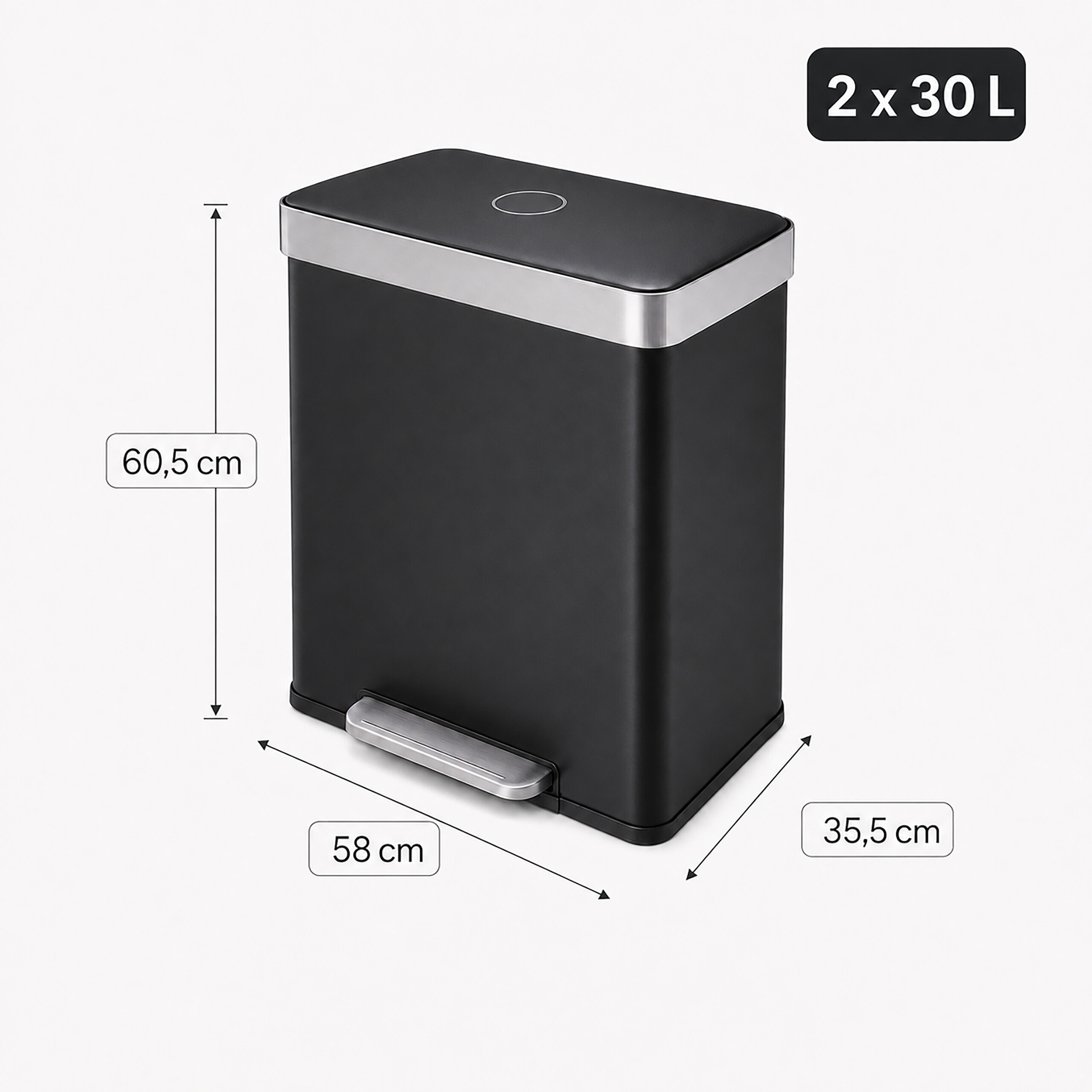 Schwarzer Treteimer mit Edelstahlakzenten, Maße: 58x35,5x60,5 cm, Fassungsvermögen 2x30 L.