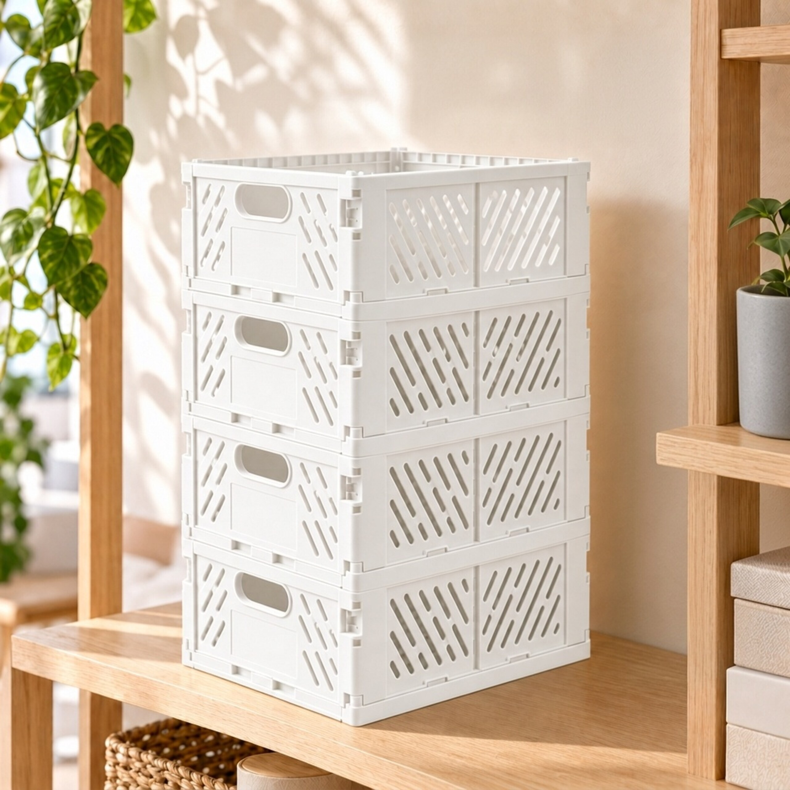 Ein Turm aus vier weißen Klappboxen auf einem Holzregal mit Pflanzen im Hintergrund.
