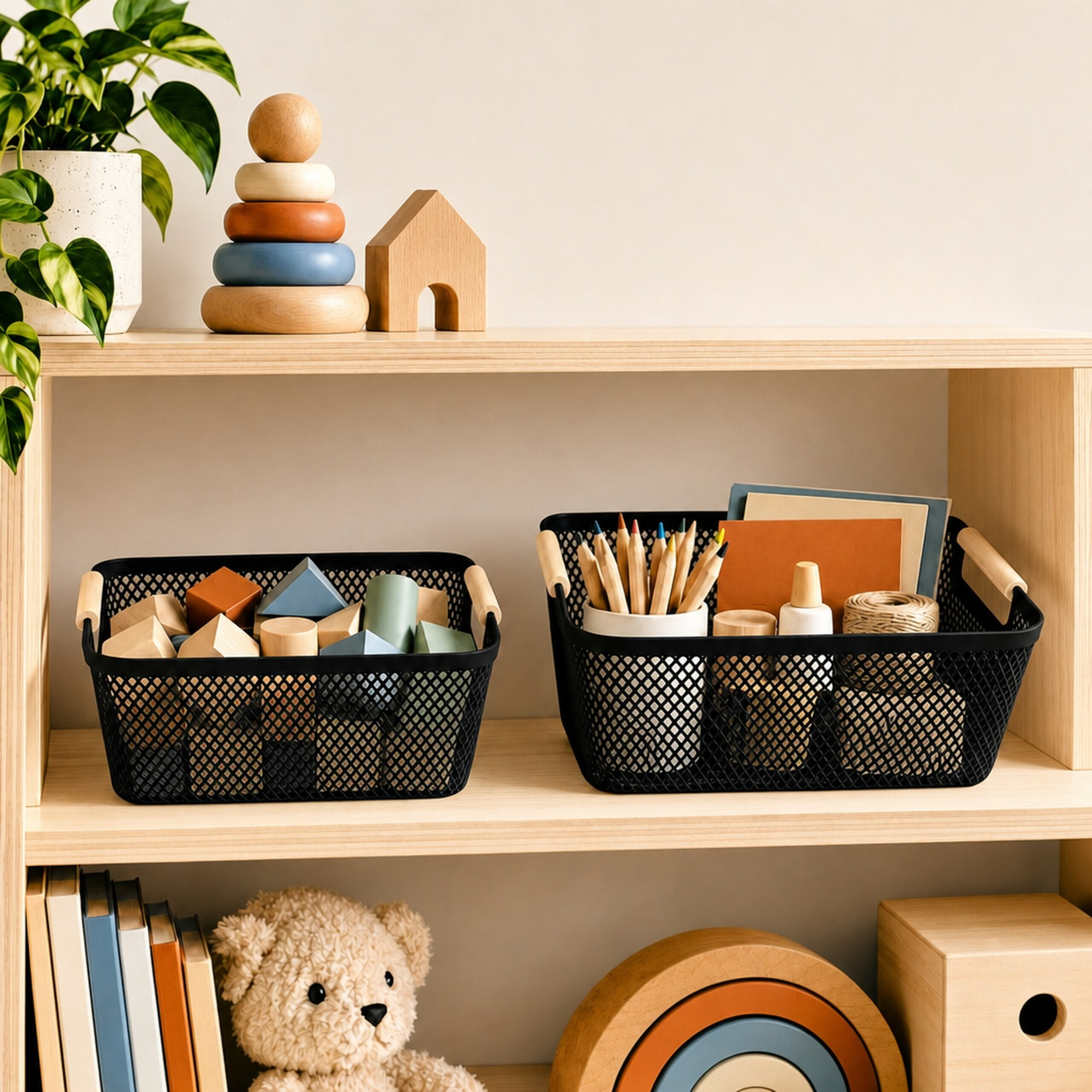 Ein Holzregal mit Spielzeug, einer Topfpflanze, schwarzen Drahtkörben gefüllt mit Holzblöcken, Stiften und Büchern.