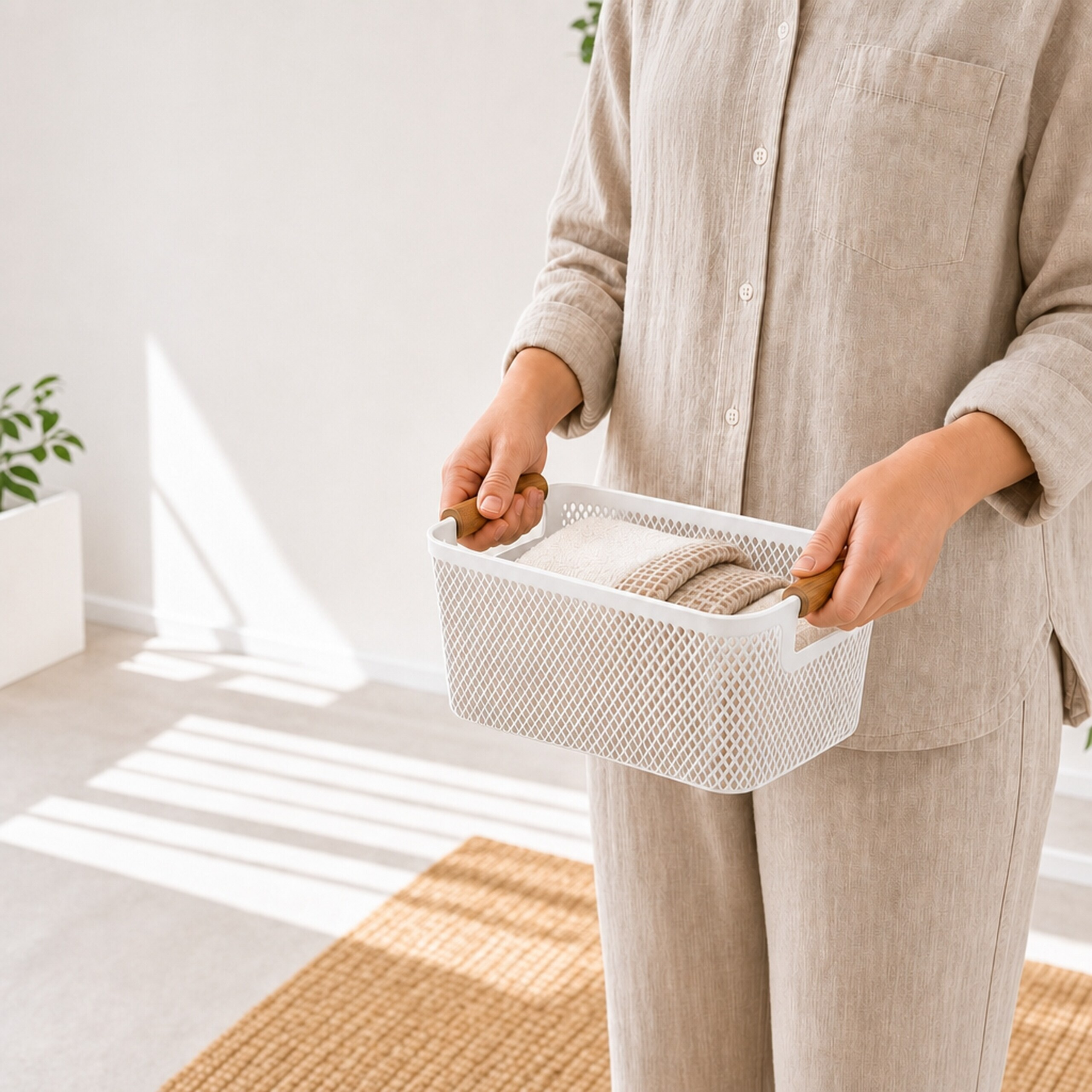 Eine Person in beige Kleidung hält einen weißen Korb mit gefalteten Handtüchern.