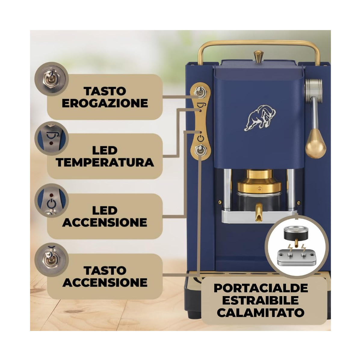 Blaue Espressomaschine mit Messingakzenten und beschrifteten Bauteilen wie Tasten, LEDs und Magnetfilterhalter.