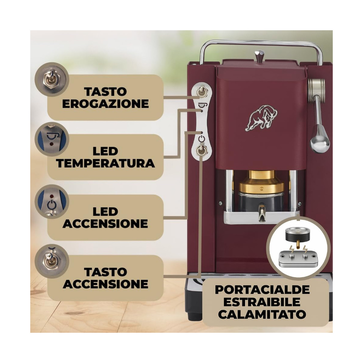 Eine weinrote Espressomaschine mit Beschriftungen für Schalter, LEDs und Magnetschale.
