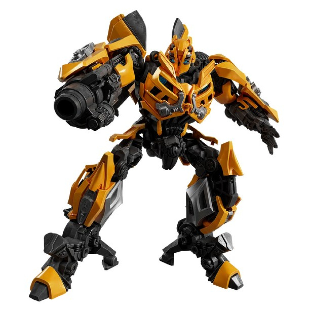 Gelb-schwarze Bumblebee-Roboterfigur mit einer großen Kanone am rechten Arm auf weißem Hintergrund.