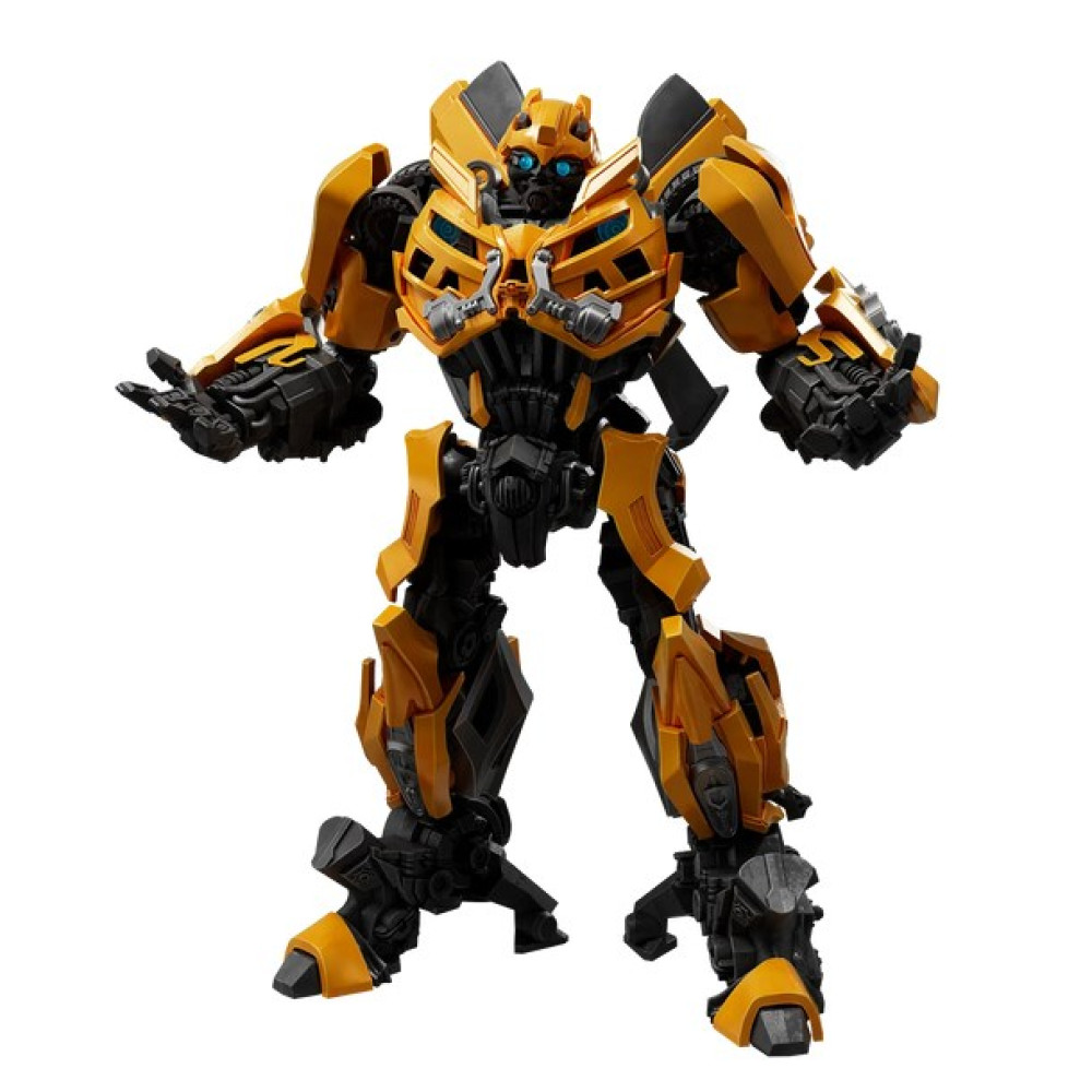 Eine gelb-schwarze Bumblebee-Roboter-Actionfigur vor schlichtem weißem Hintergrund.