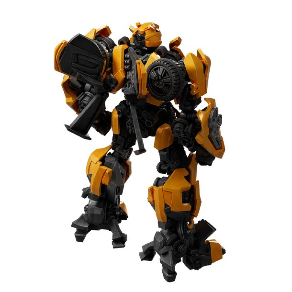 Gelb-schwarze Roboter-Actionfigur mit mechanischen Details vor weißem Hintergrund.