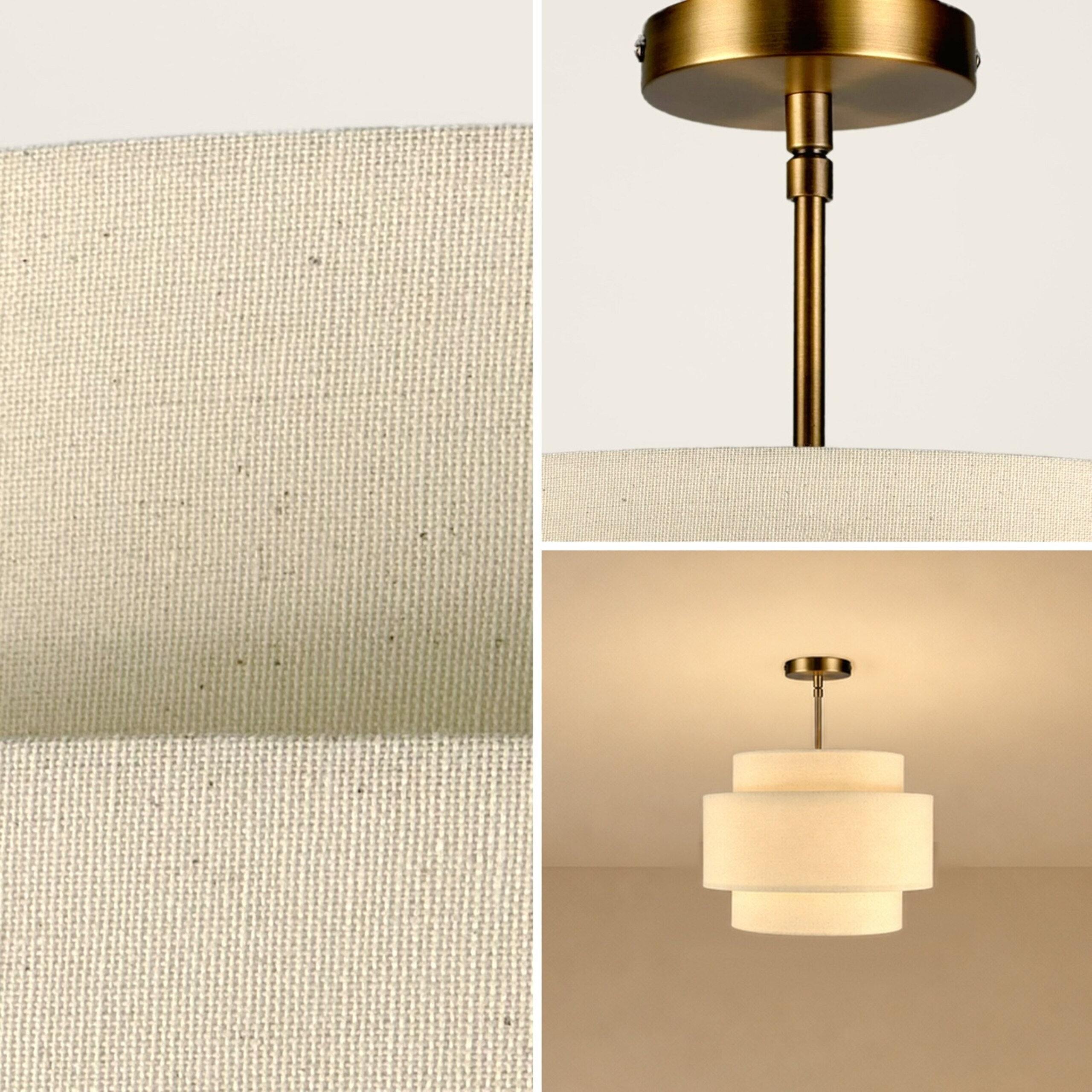 Eine beige Deckenleuchte mit dreistufigem Stoffschirm und goldenem Baldachin.